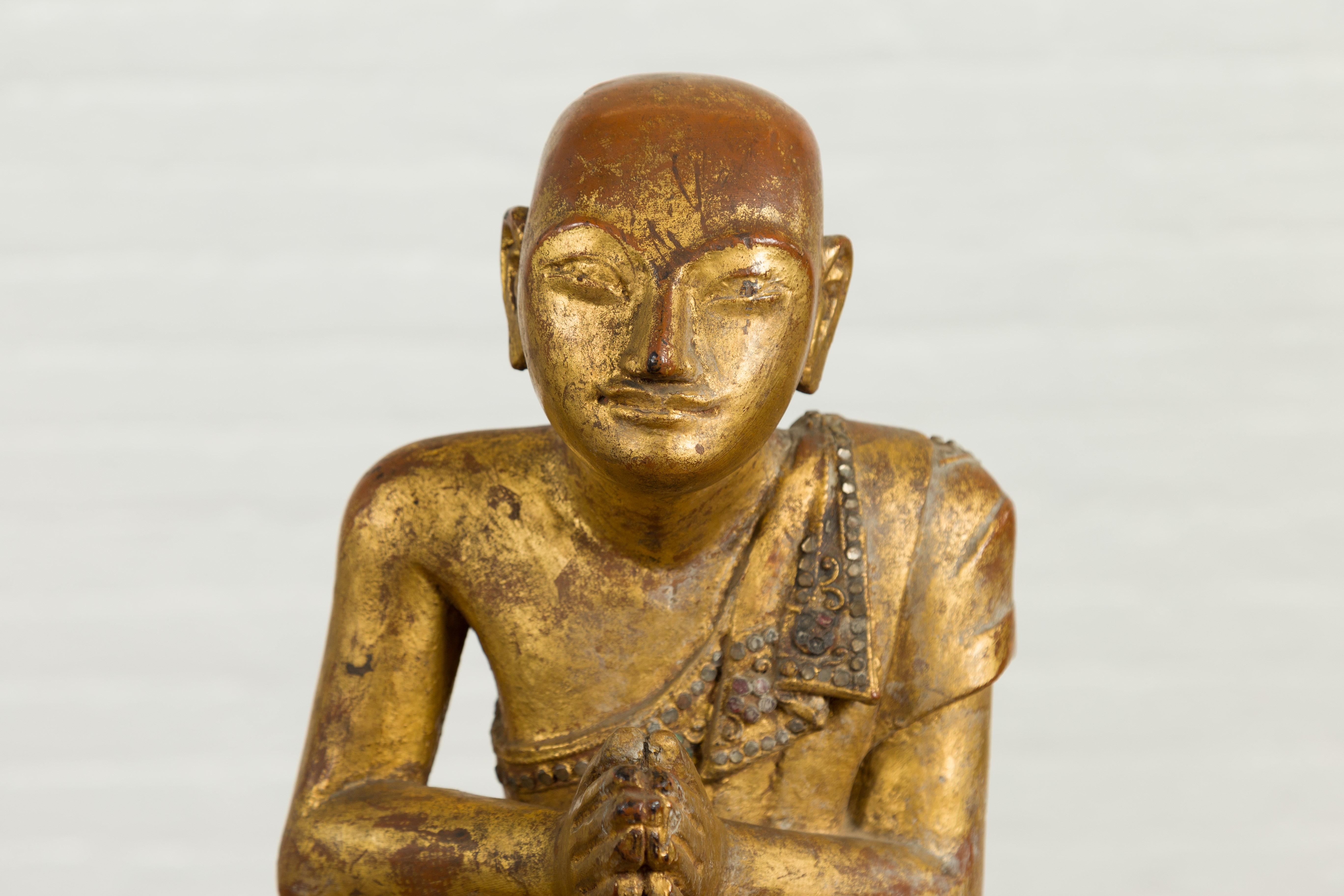 20th Century Burmese Giltwood and Hand Carved Sculpture of Seated Buddhist Monk with Inlay