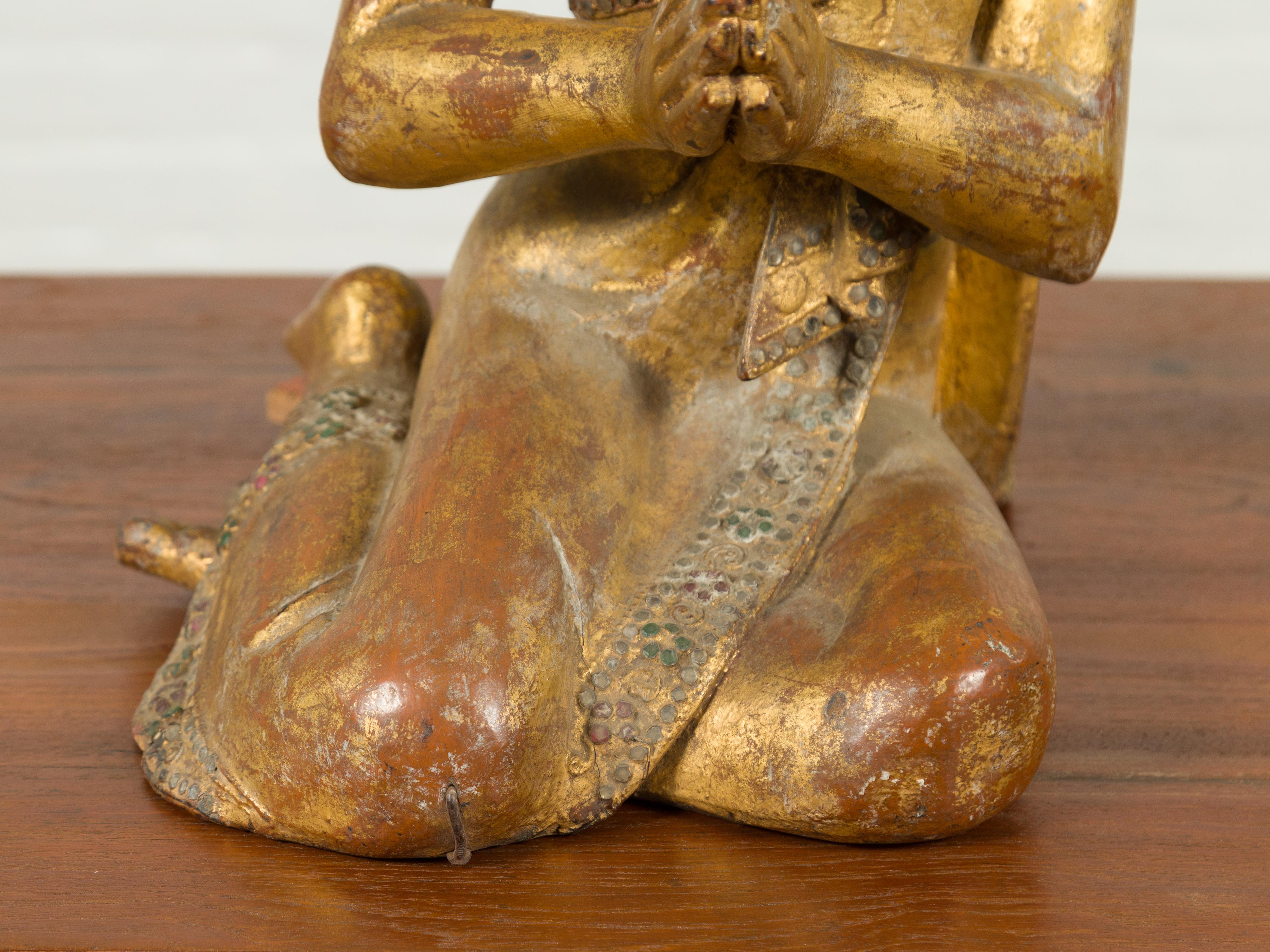 Burmese Giltwood and Hand Carved Sculpture of Seated Buddhist Monk with Inlay 2
