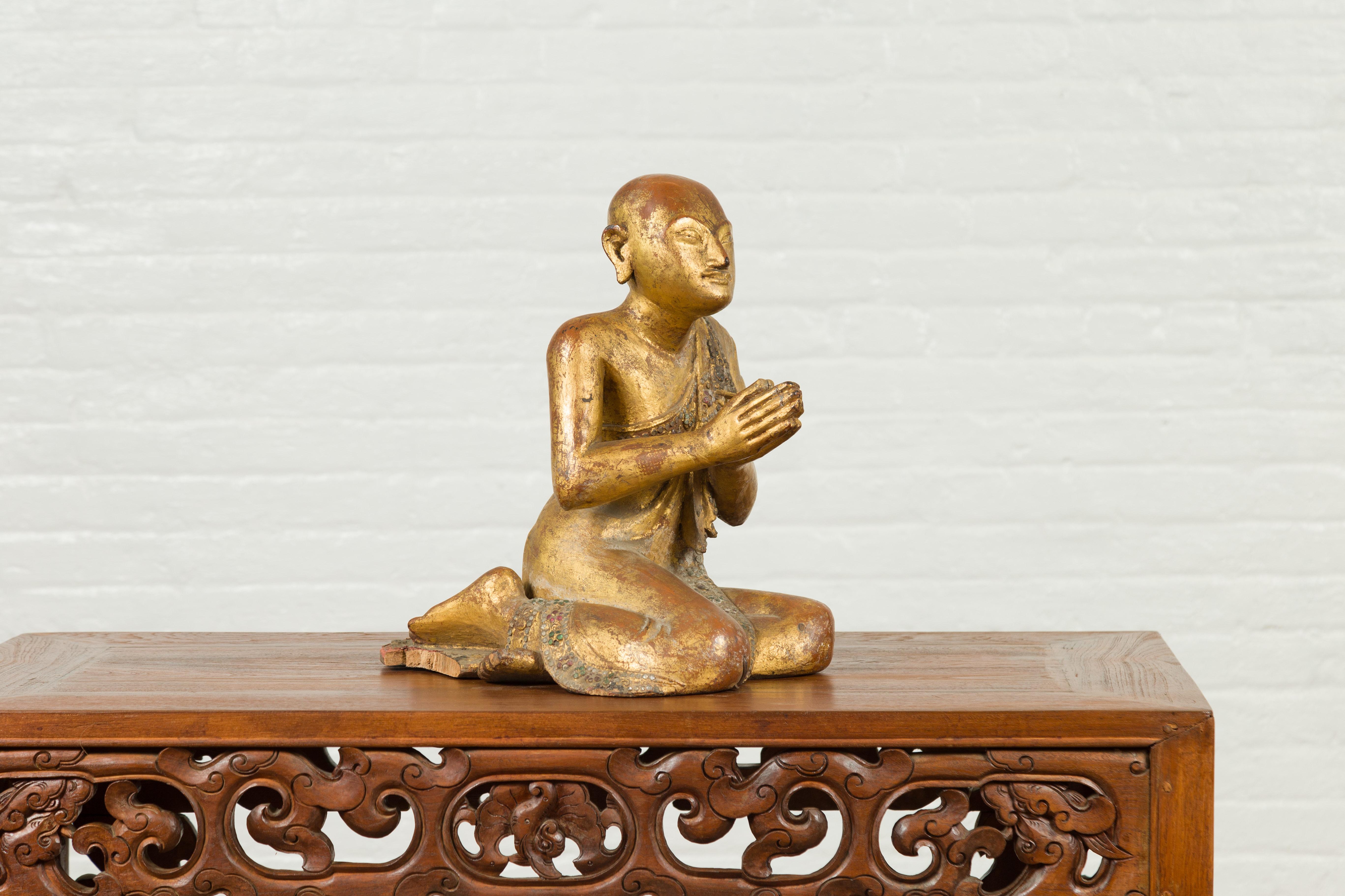 Burmese Giltwood and Hand Carved Sculpture of Seated Buddhist Monk with Inlay 3