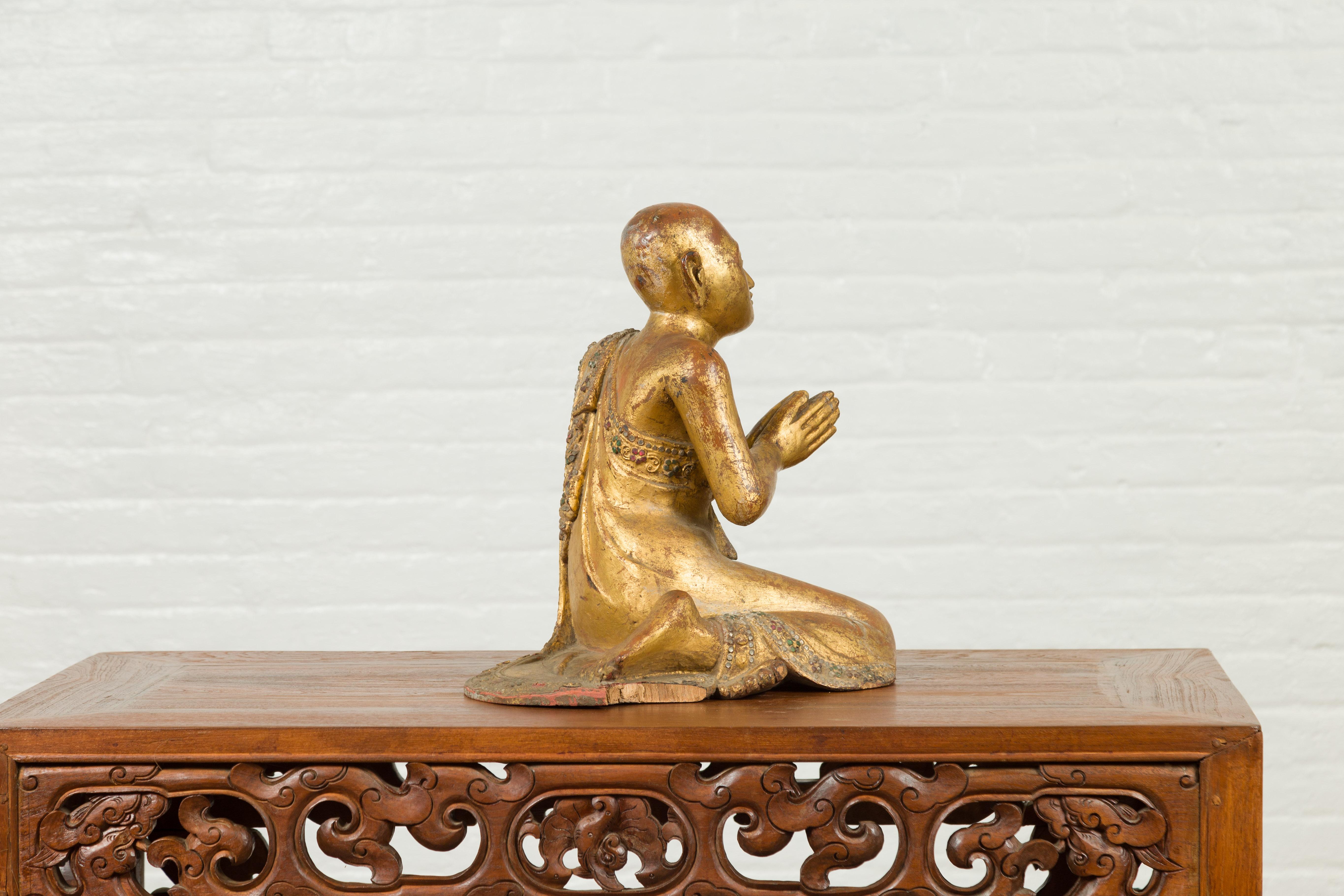 Burmese Giltwood and Hand Carved Sculpture of Seated Buddhist Monk with Inlay 4