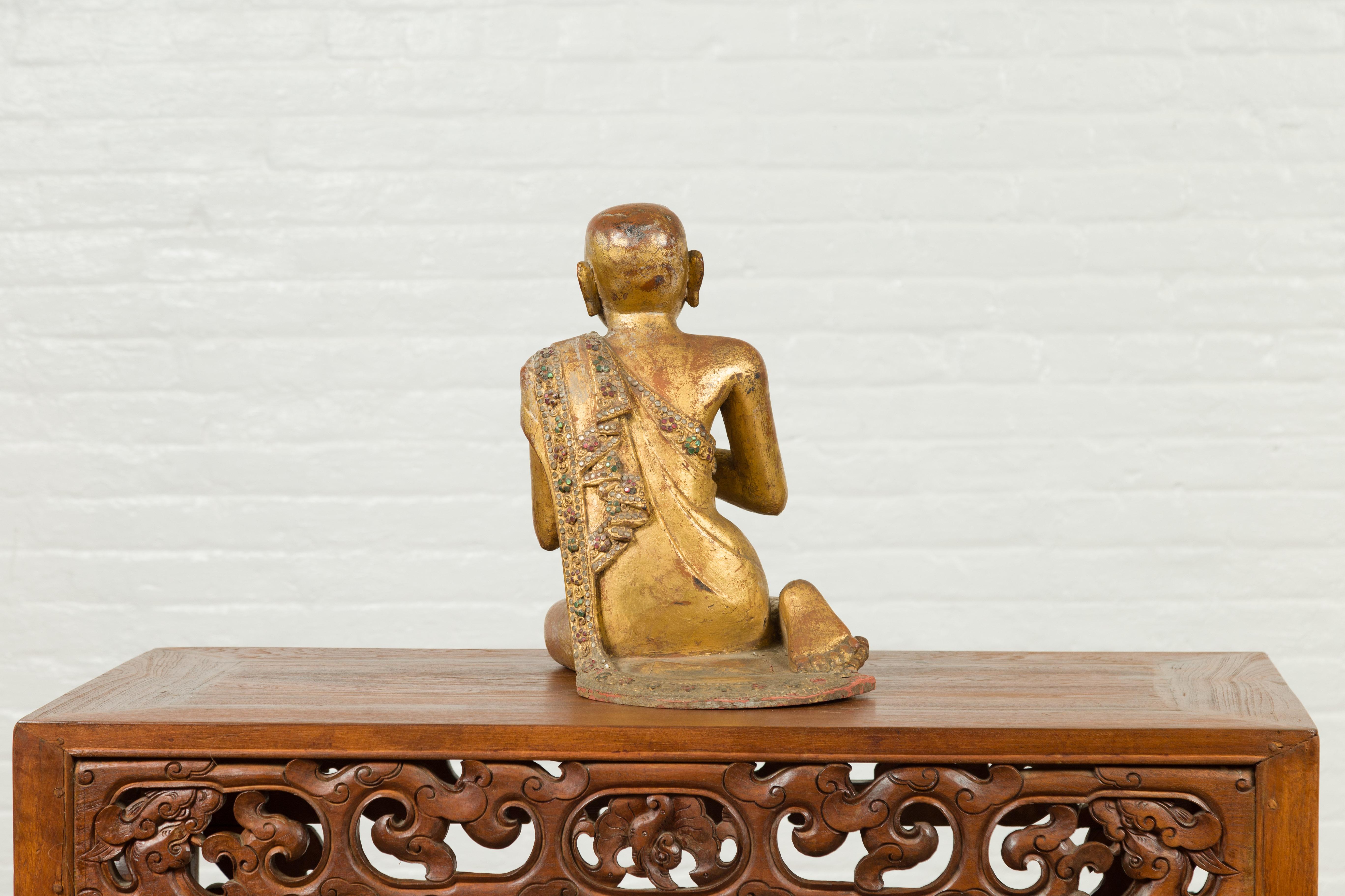 Burmese Giltwood and Hand Carved Sculpture of Seated Buddhist Monk with Inlay 5