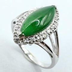 Burmese Green Marquise Jadeite Jade Diamond Halo Setting Ring in 18K White Gold