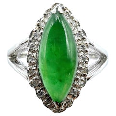 Burmese Green Marquise Jadeite Jade Diamond Halo Setting Ring in 18K White Gold