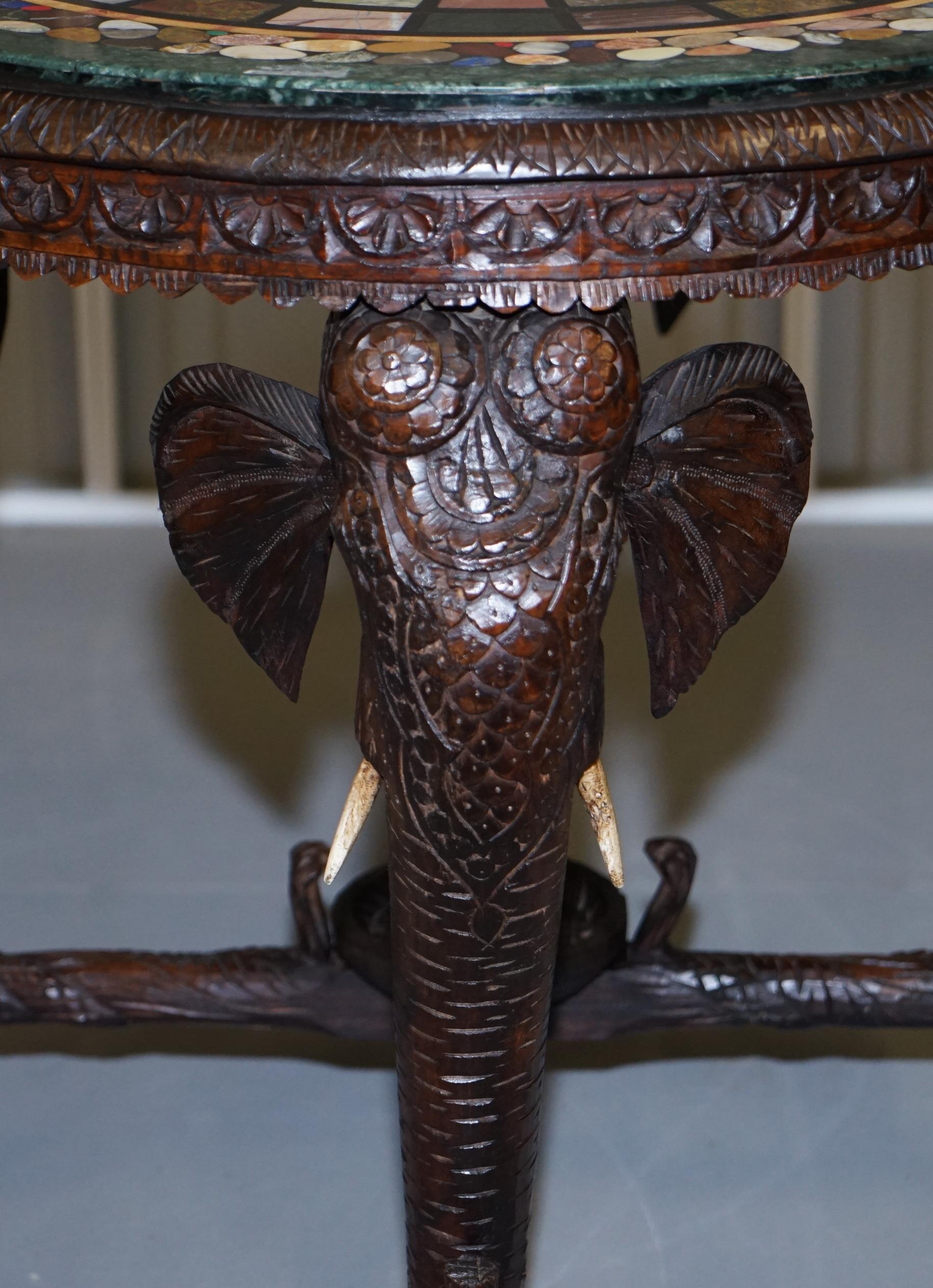 Burmese Hand Carved Elephant Occasional Table Pietra Dura Specimen Marble Top For Sale 5