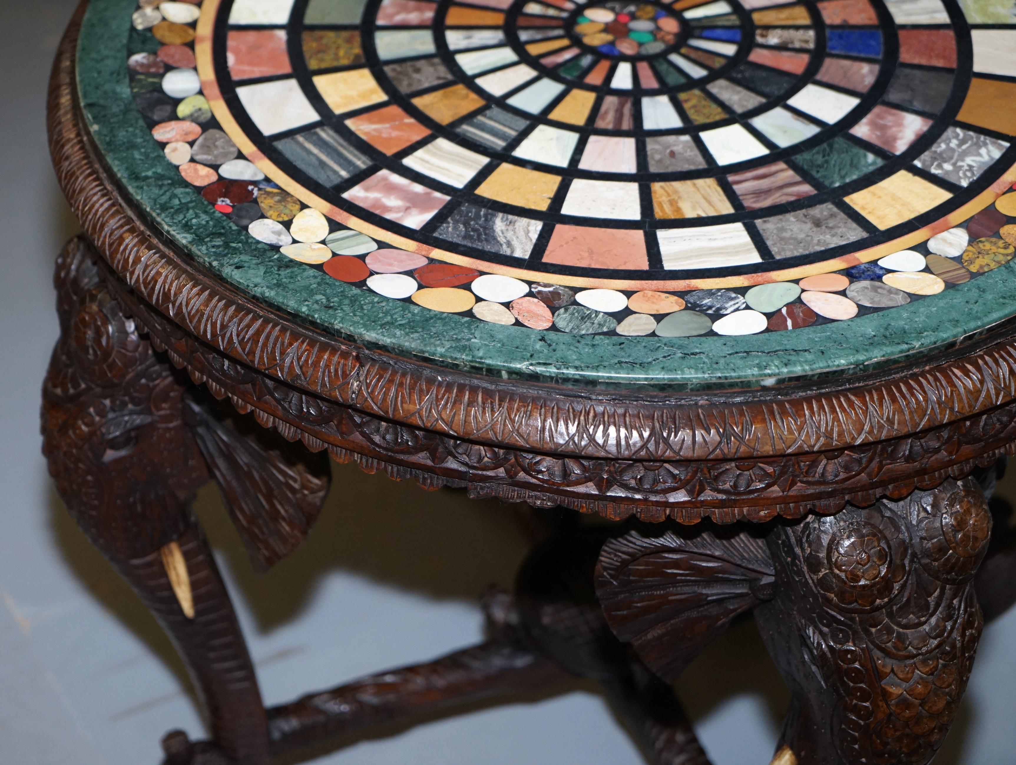 Burmese Hand Carved Elephant Occasional Table Pietra Dura Specimen Marble Top For Sale 10