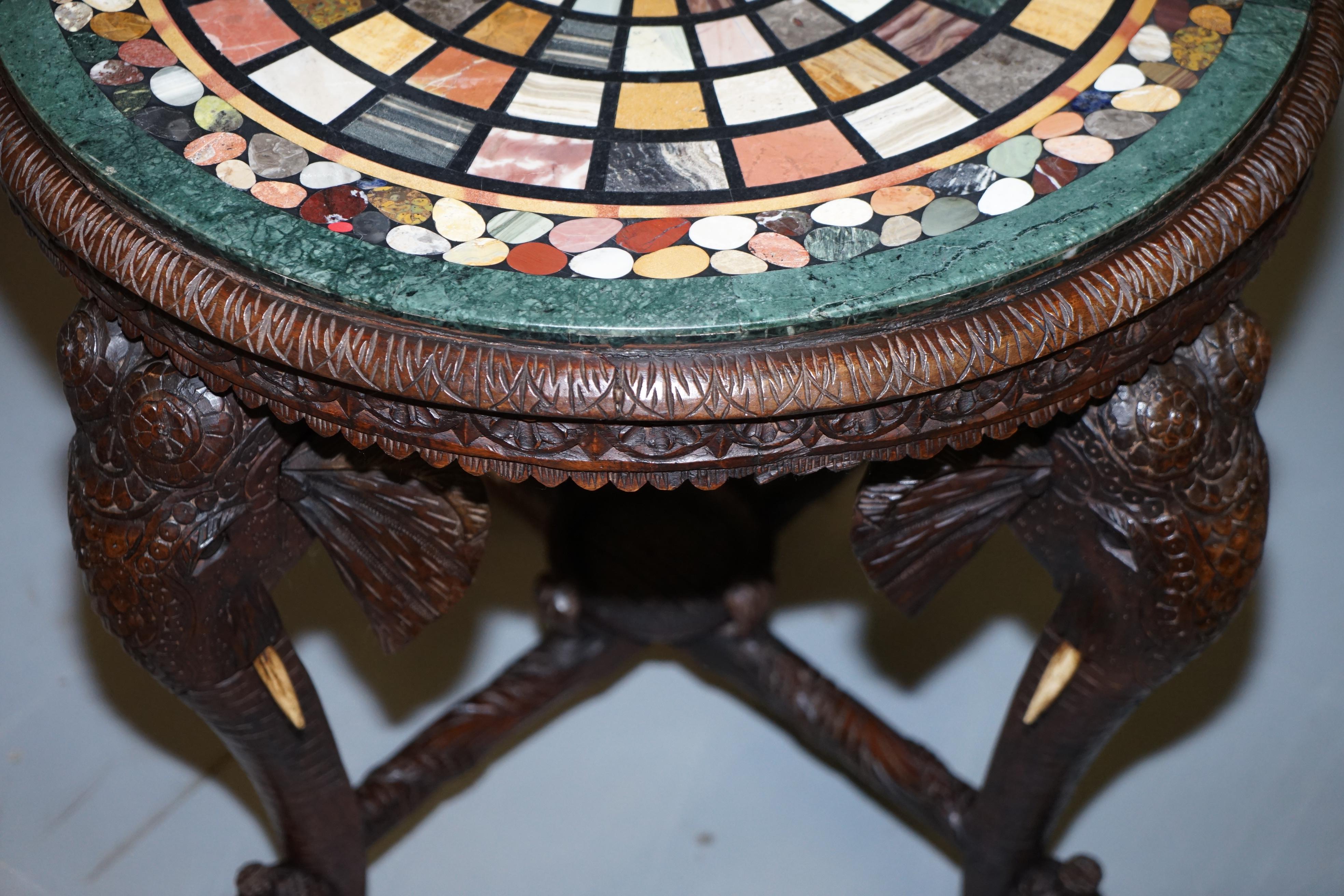 Burmese Hand Carved Elephant Occasional Table Pietra Dura Specimen Marble Top For Sale 11