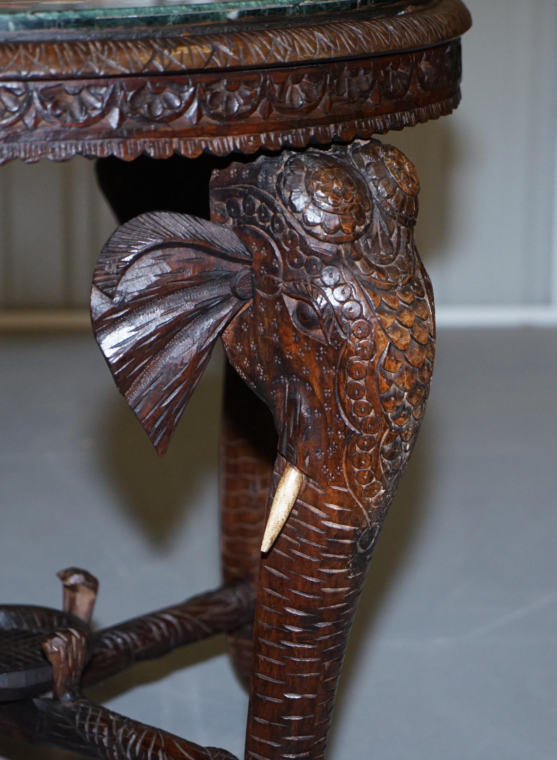 Burmese Hand Carved Elephant Occasional Table Pietra Dura Specimen Marble Top For Sale 12
