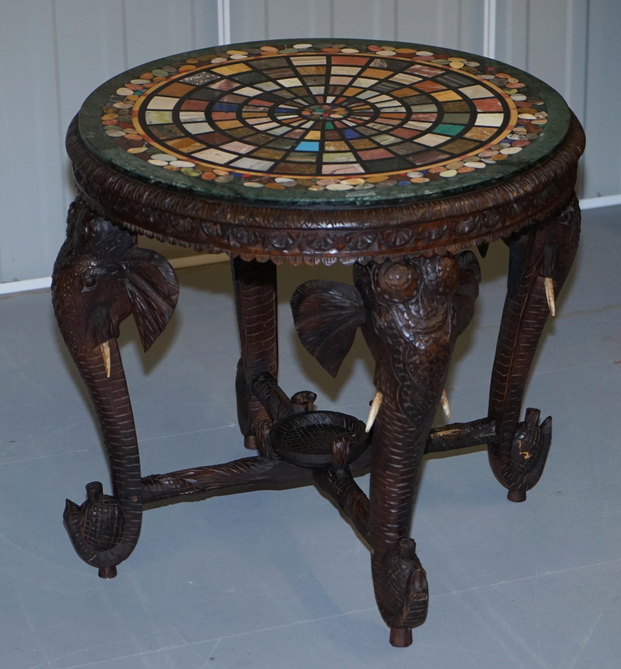 Anglo-Indian Burmese Hand Carved Elephant Occasional Table Pietra Dura Specimen Marble Top For Sale