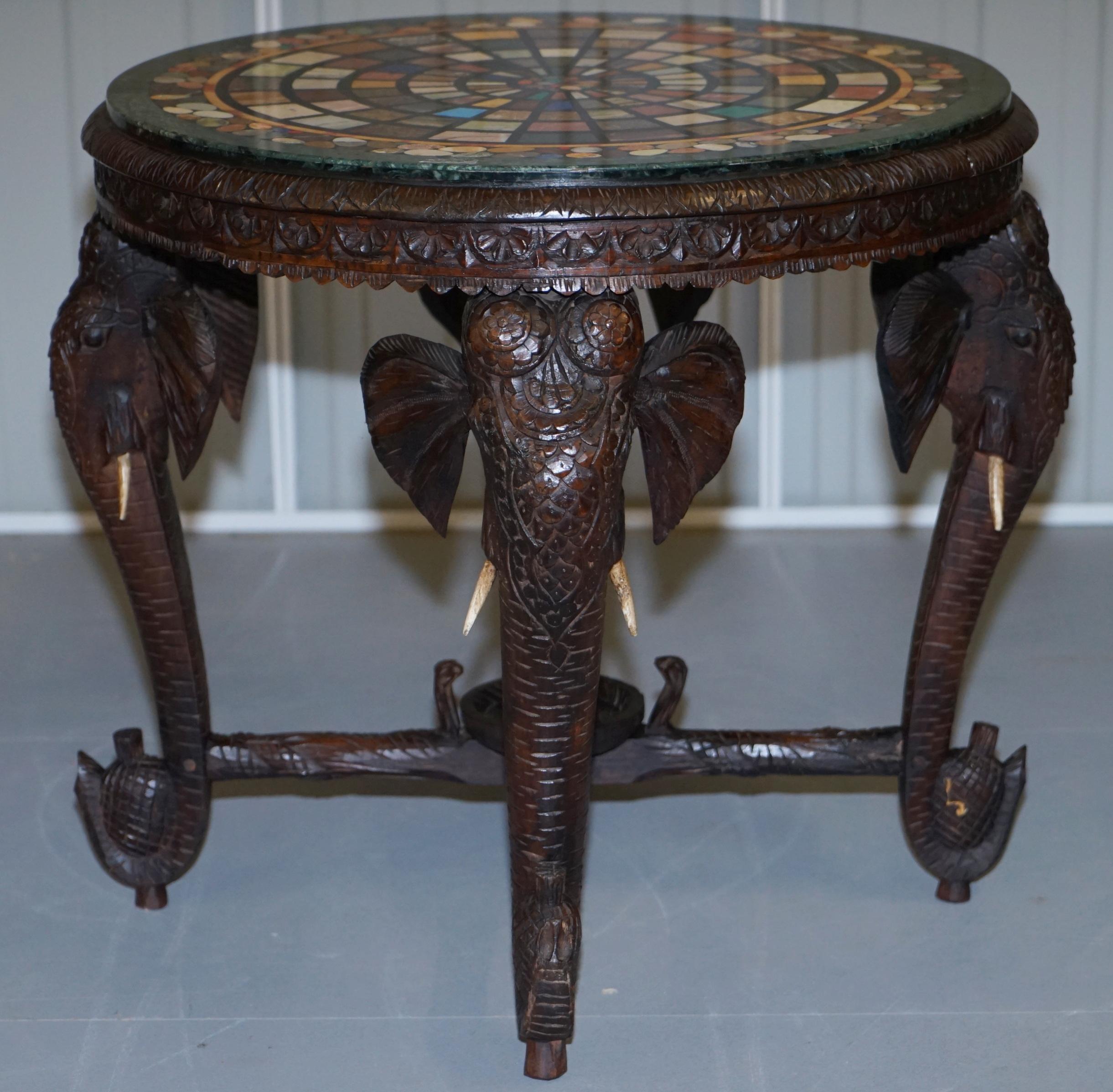 Burmese Hand Carved Elephant Occasional Table Pietra Dura Specimen Marble Top For Sale 3