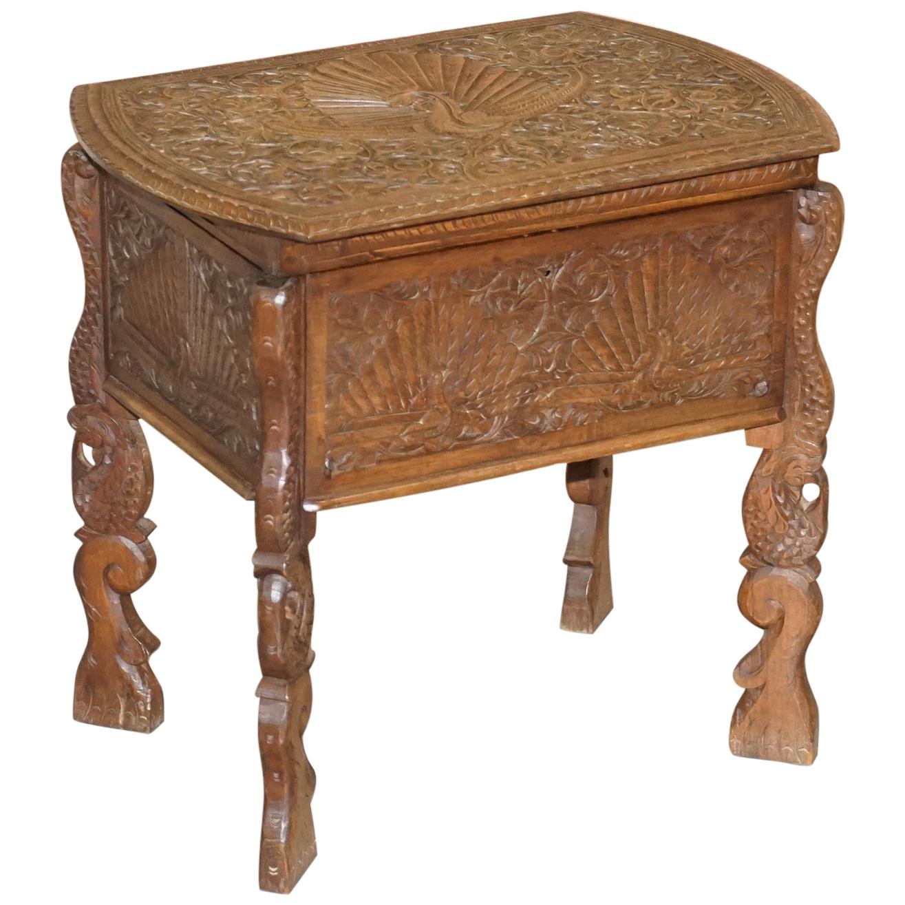 Burmese Hand Carved Peacock Sewing Table Cupboard Chest Open Top, circa 1880 For Sale