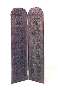 Burmese Hand-Carved Teak 2-Fold Screen, Floral Design, Circa 1890