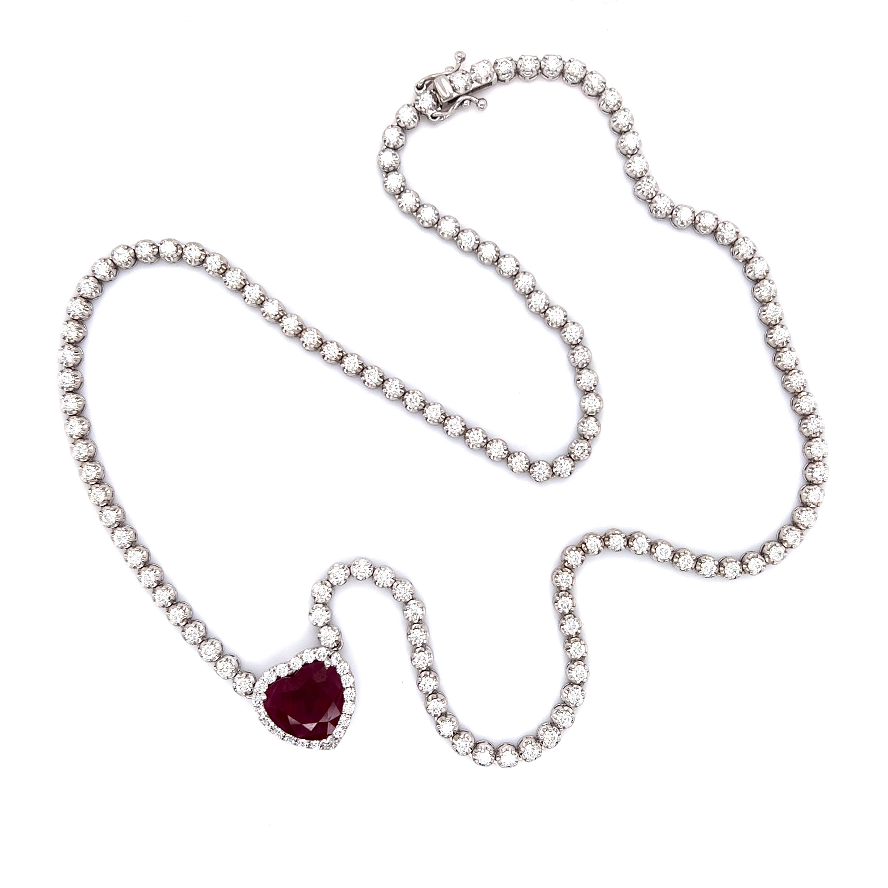 Heart Cut Burmese Heart Shaped Ruby & Diamond Necklace 11.16 Ct