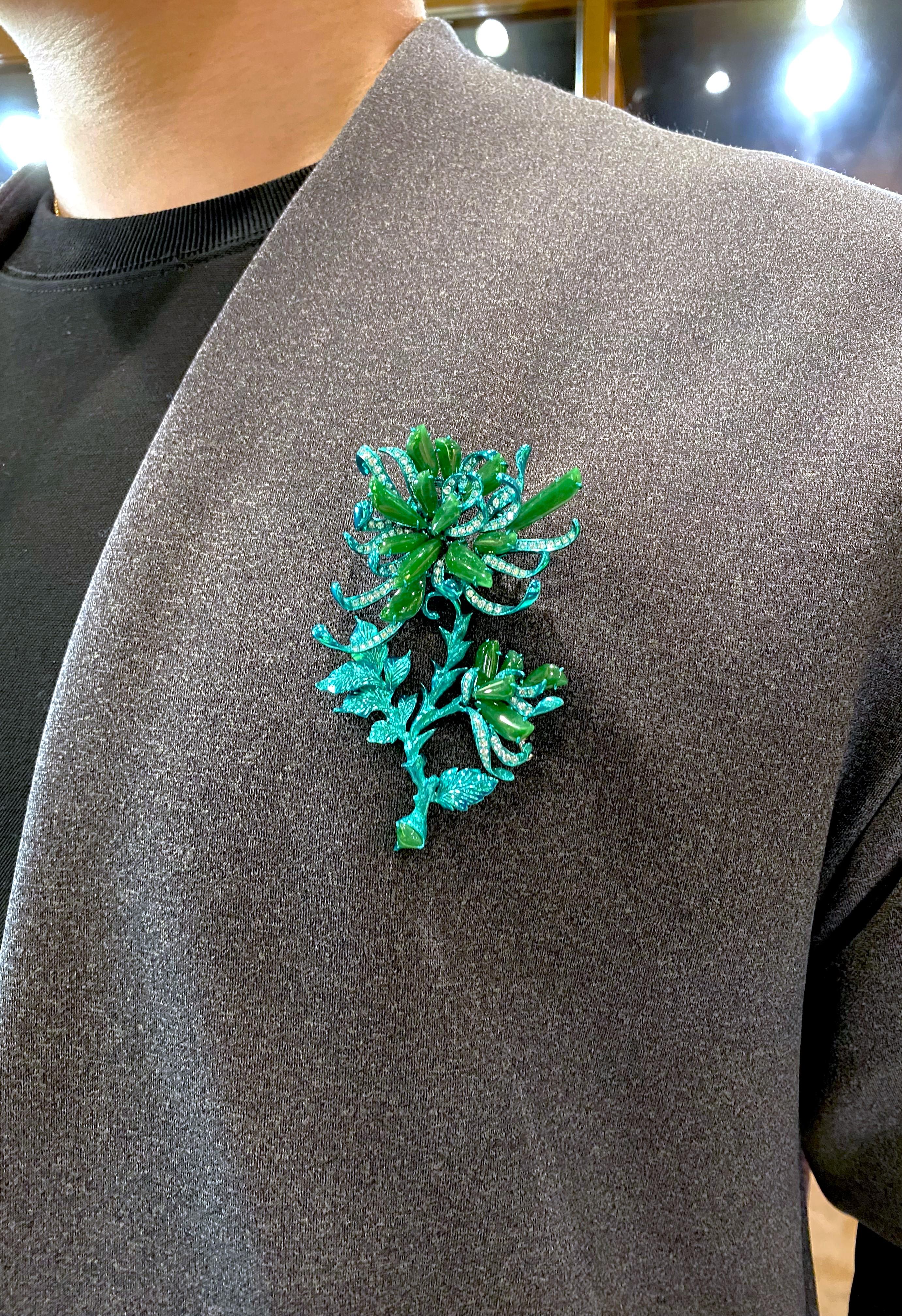 Pendentif/Broche En Or Blanc 18k Avec Jadéite Et Diamants - Style Art Déco - Occasion - France