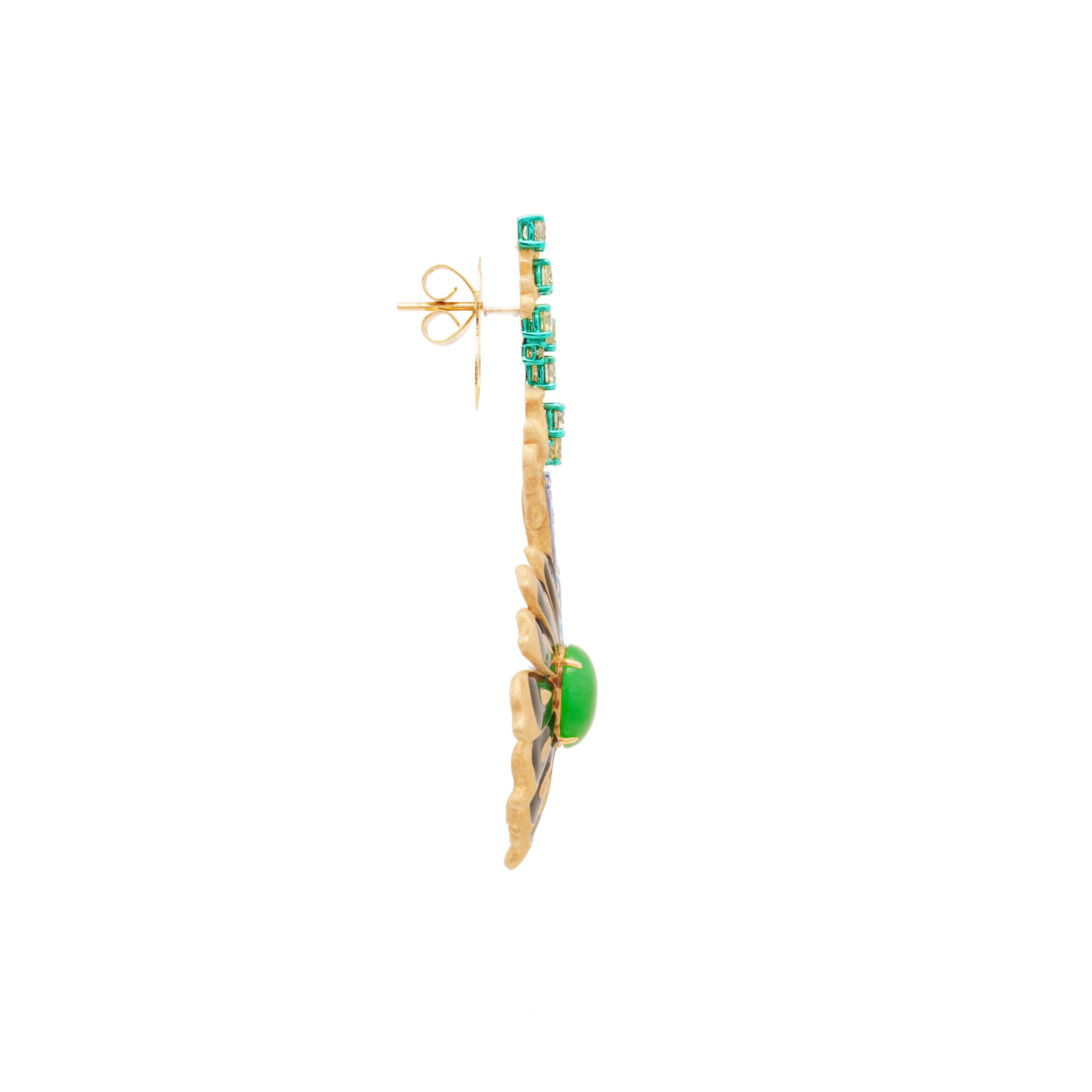 Modern Burmese Jadeite, Enamel & Diamond Earrings, 18K Gold, Austy Lee For Sale