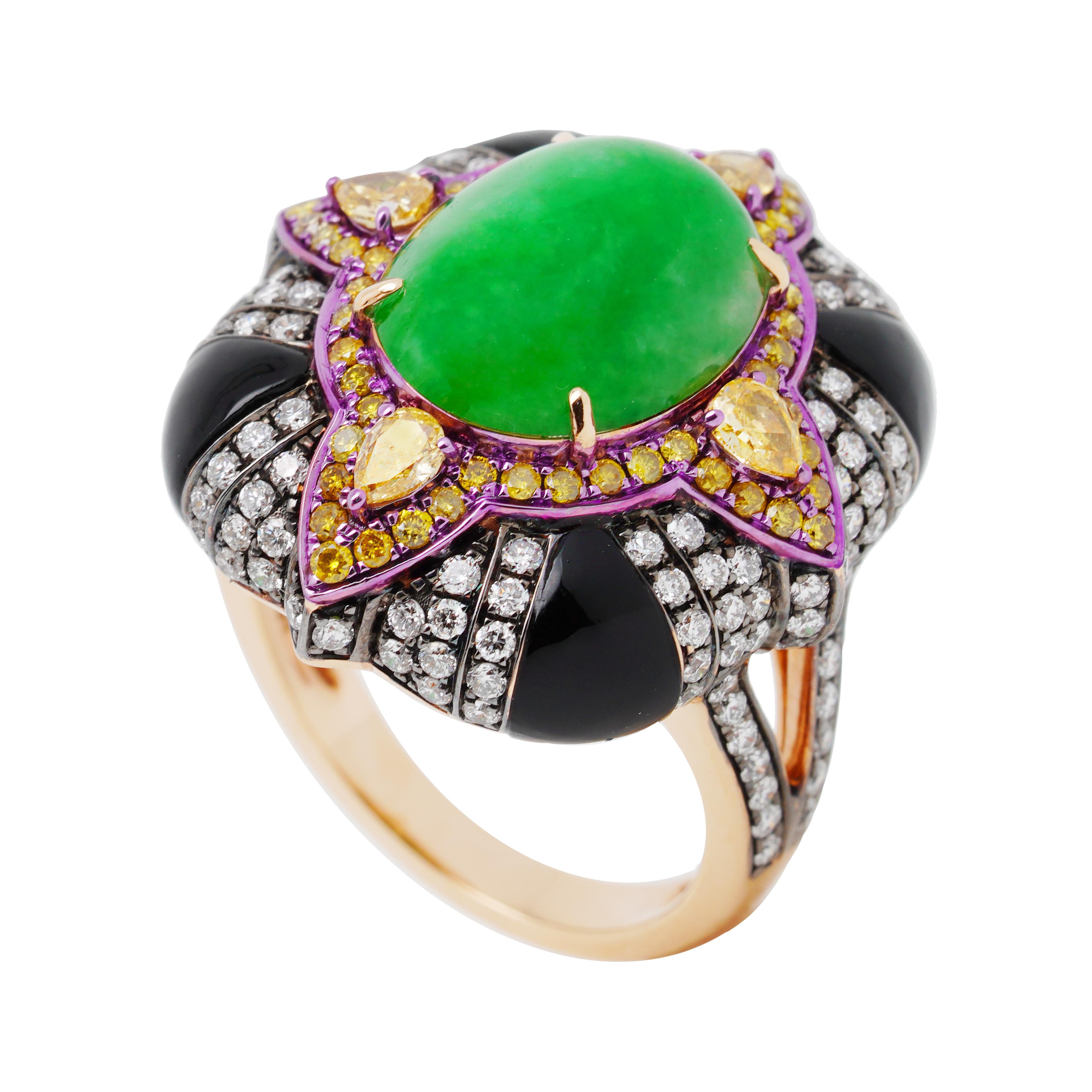 Mixed Cut Burmese Jadeite, Fancy Yellow Diamond, Onyx & Diamond Ring, 18K Gold, Austy Lee