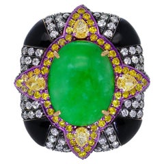 Burmese Jadeite, Fancy Yellow Diamond, Onyx & Diamond Ring, 18K Gold, Austy Lee