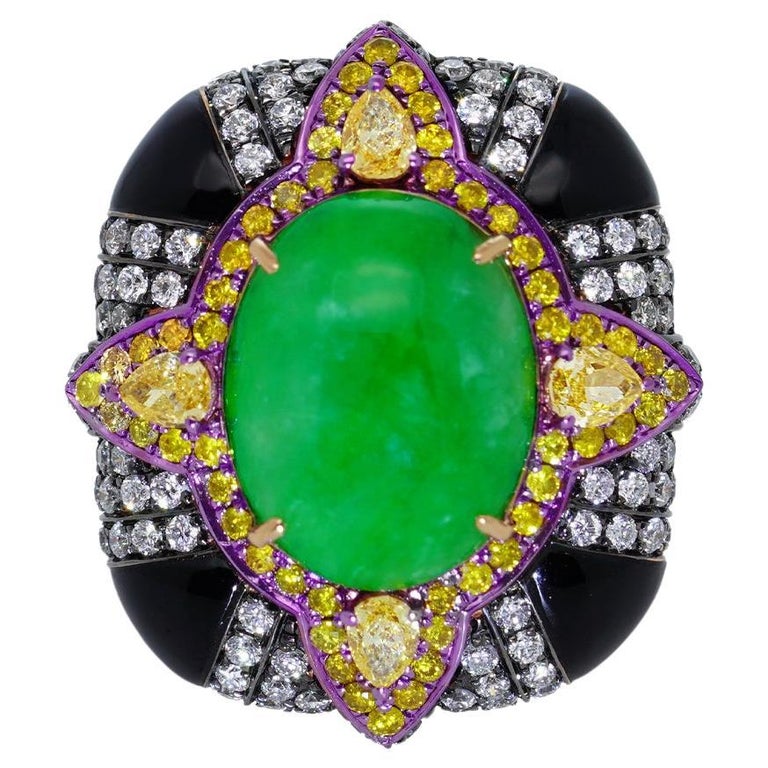 Burmese Jadeite, Fancy Yellow Diamond, Onyx & Diamond Ring, 18K Gold, Austy Lee For Sale