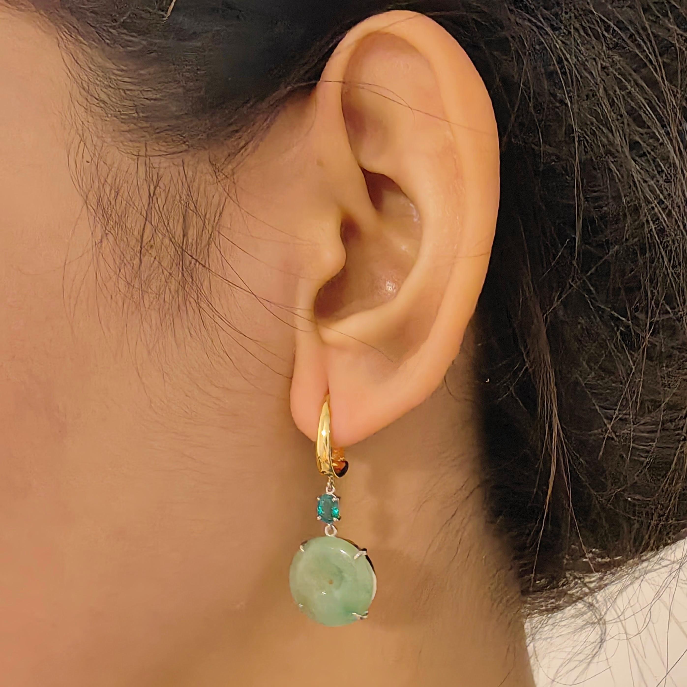 Women's Burmese Jadeite Jade Donut & Emerald Dangling Earrings in 18K Two-tone Gold For Sale