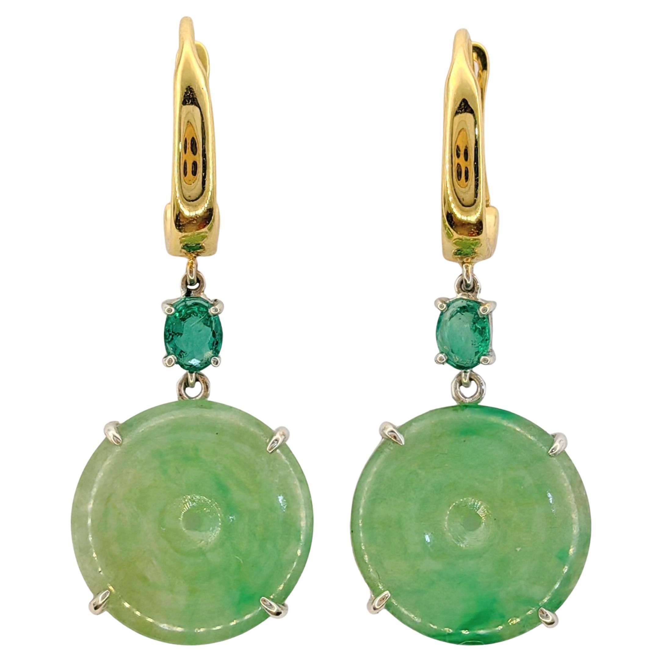 Burmese Jadeite Jade Donut & Emerald Dangling Earrings in 18K Two-tone Gold