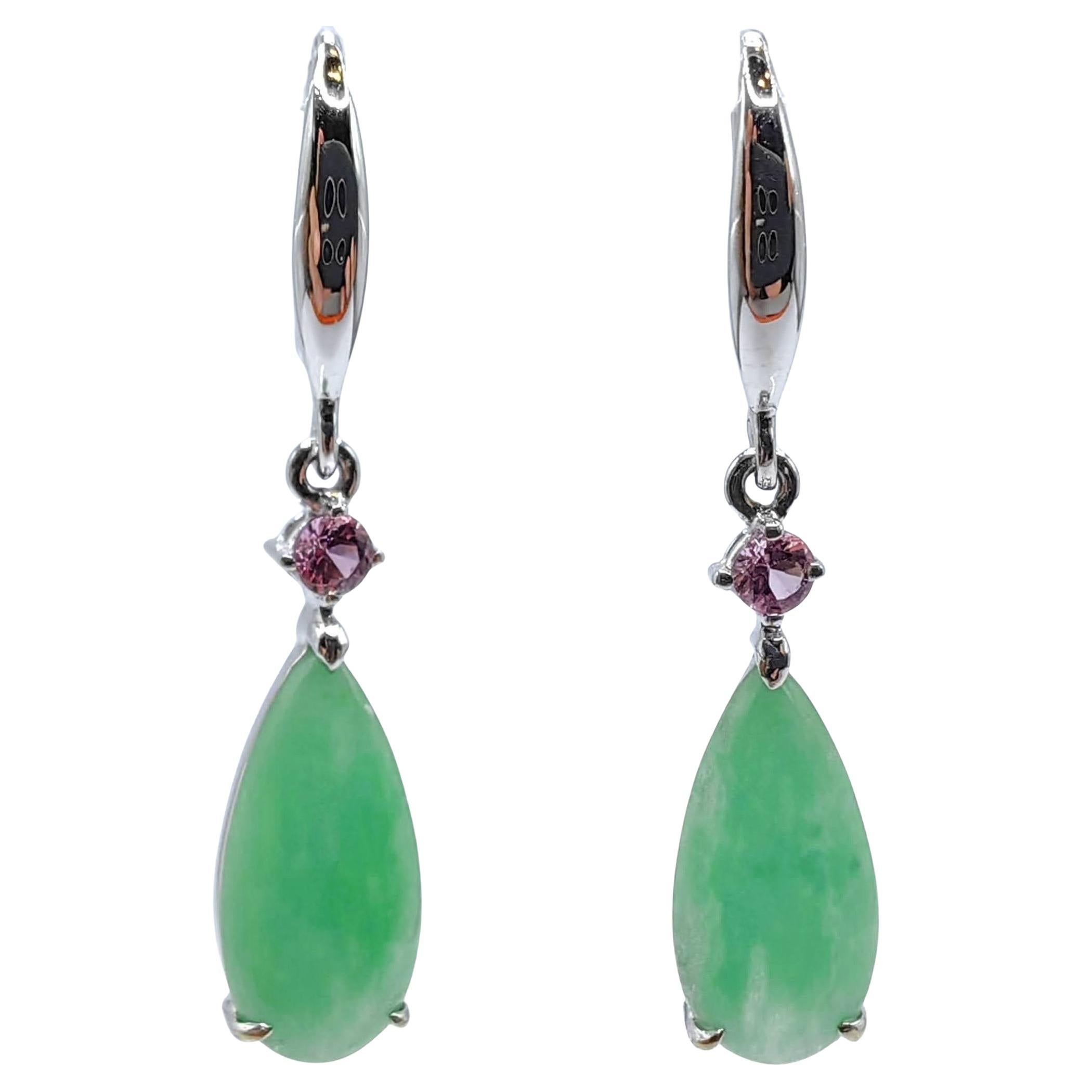 Burmese Jadeite Jade & Pink Tourmaline Earrings in 18K White Gold