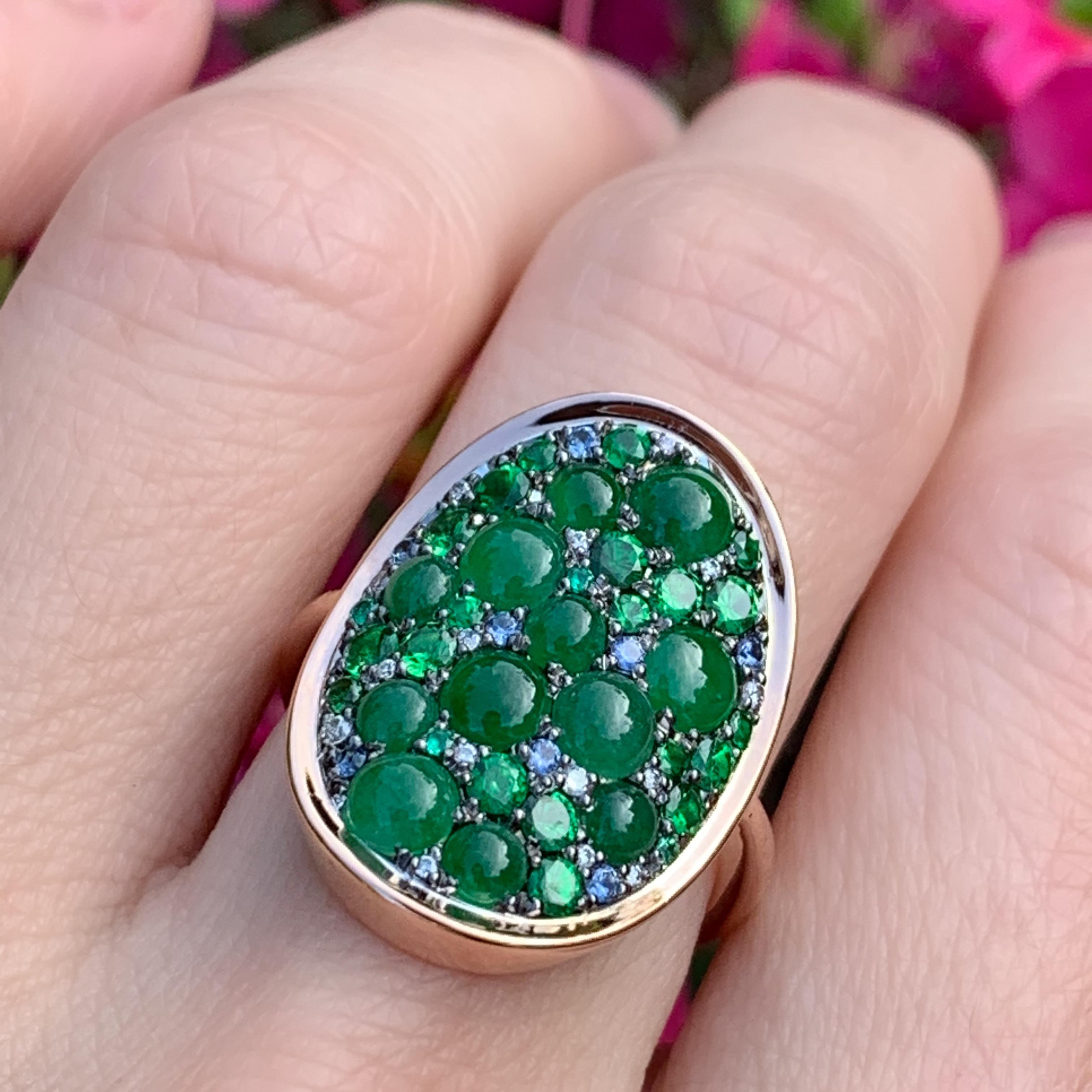 Burmese Jadeite, Tsavorite, No Heat Blue Sapphire, Emerald and Diamond Pave Ring 2