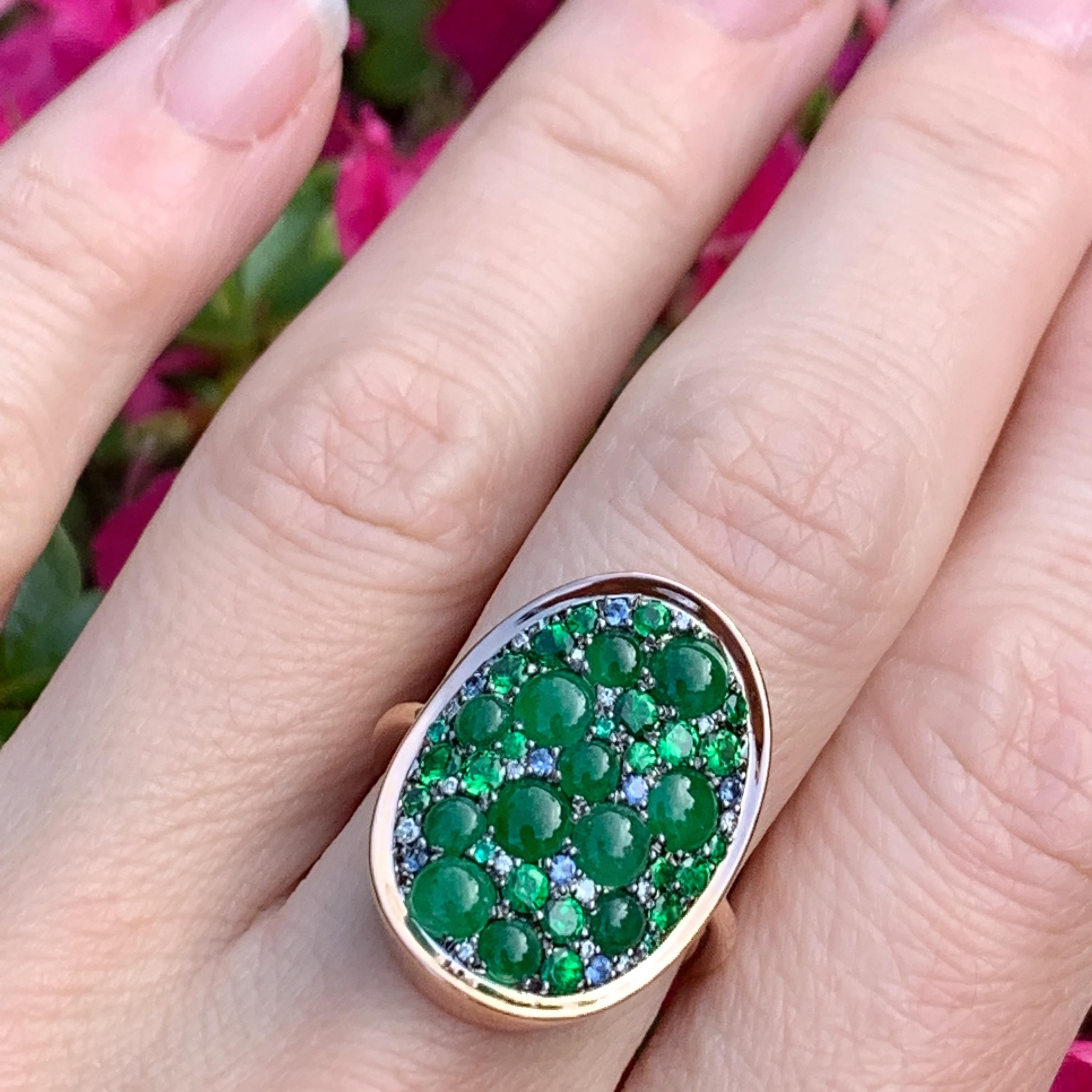 Burmese Jadeite, Tsavorite, No Heat Blue Sapphire, Emerald and Diamond Pave Ring 3