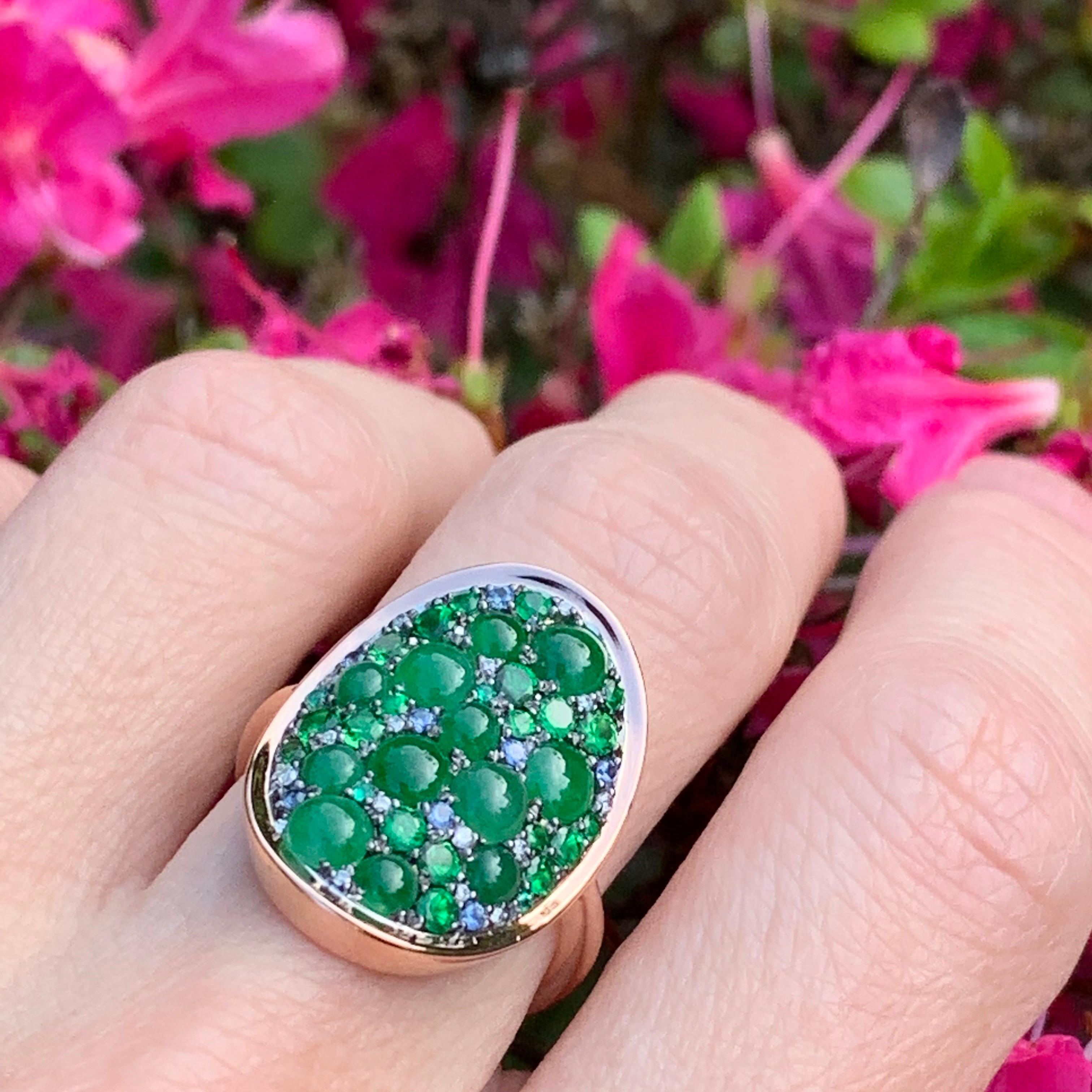 Burmese Jadeite, Tsavorite, No Heat Blue Sapphire, Emerald and Diamond Pave Ring 4