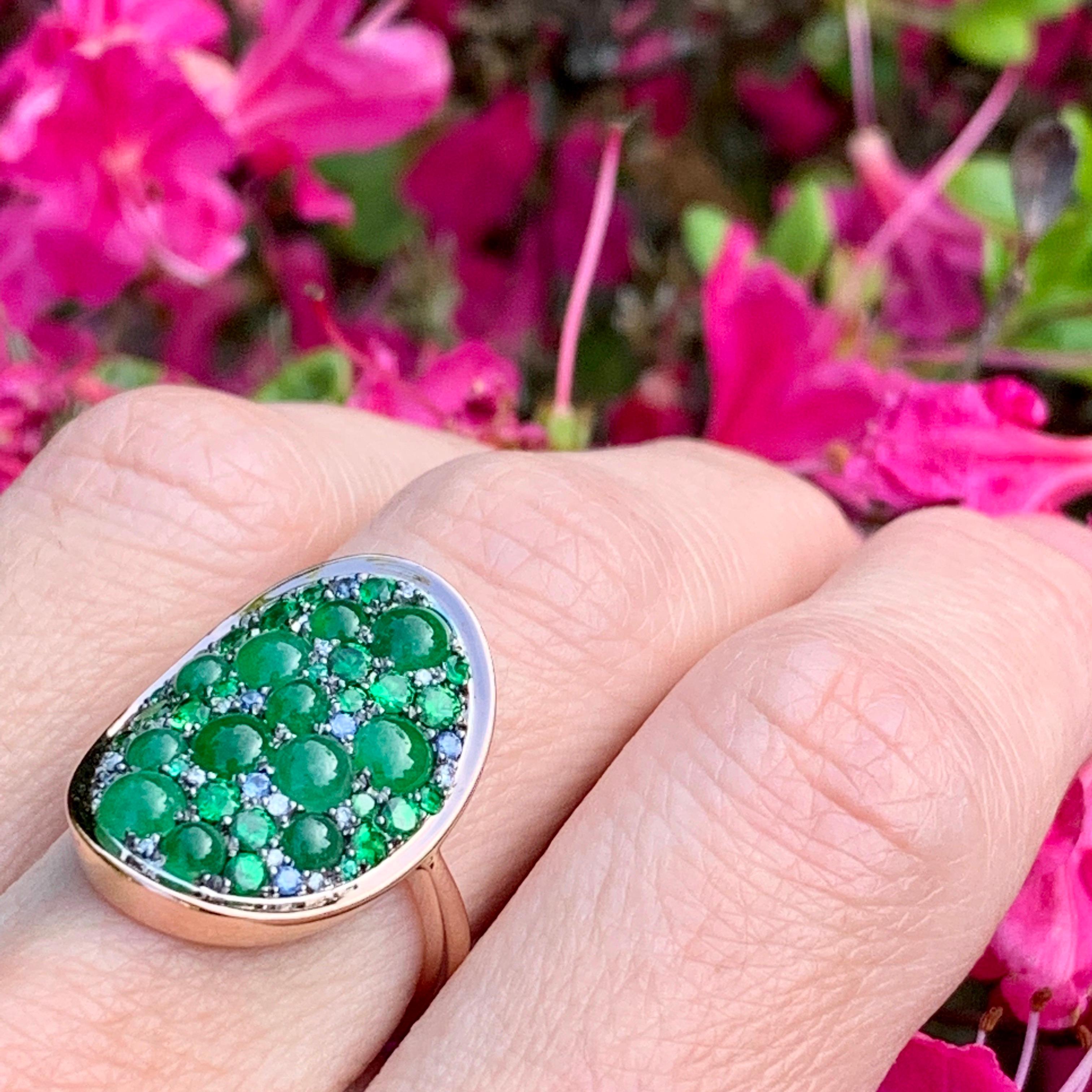 Burmese Jadeite, Tsavorite, No Heat Blue Sapphire, Emerald and Diamond Pave Ring 5
