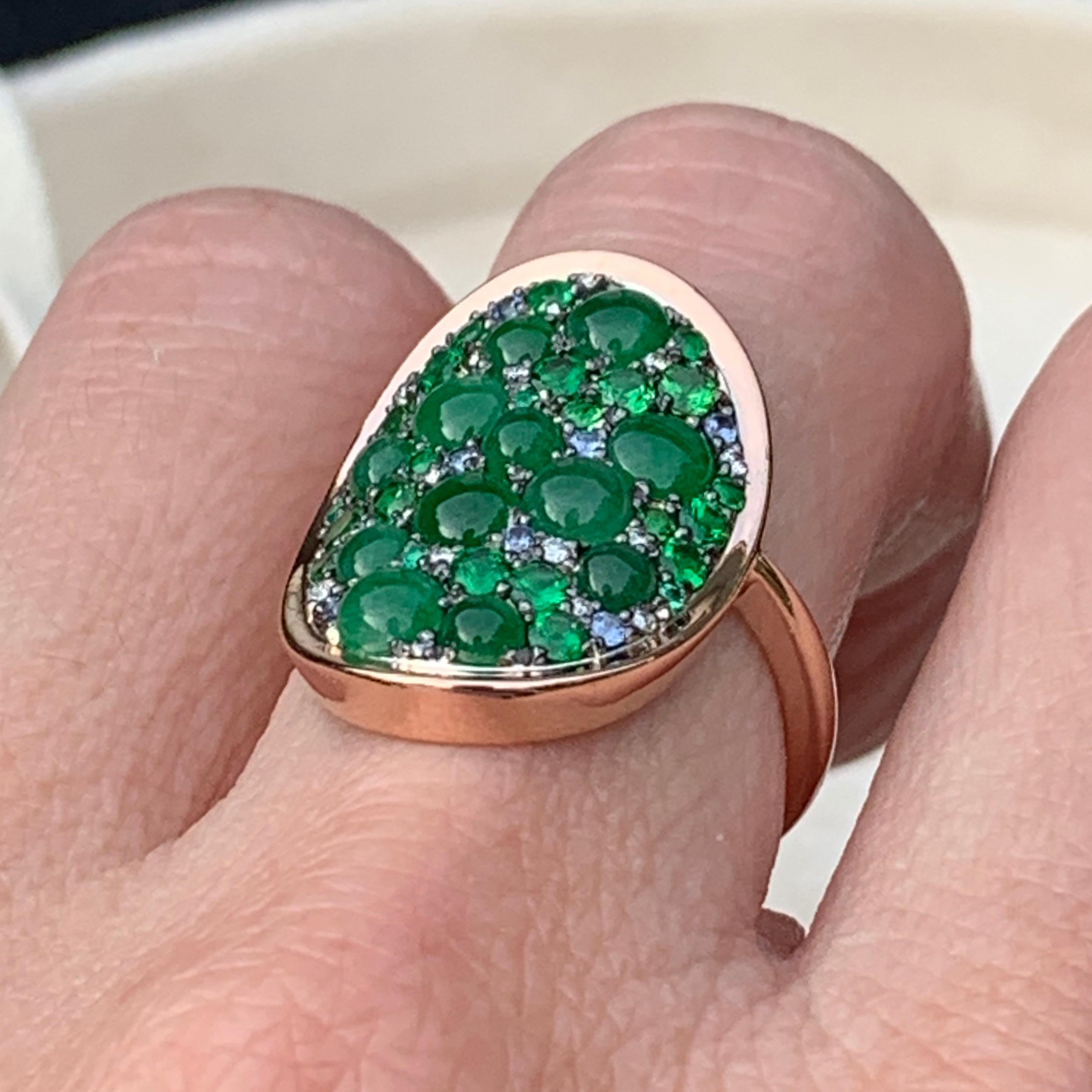 Burmese Jadeite, Tsavorite, No Heat Blue Sapphire, Emerald and Diamond Pave Ring 8