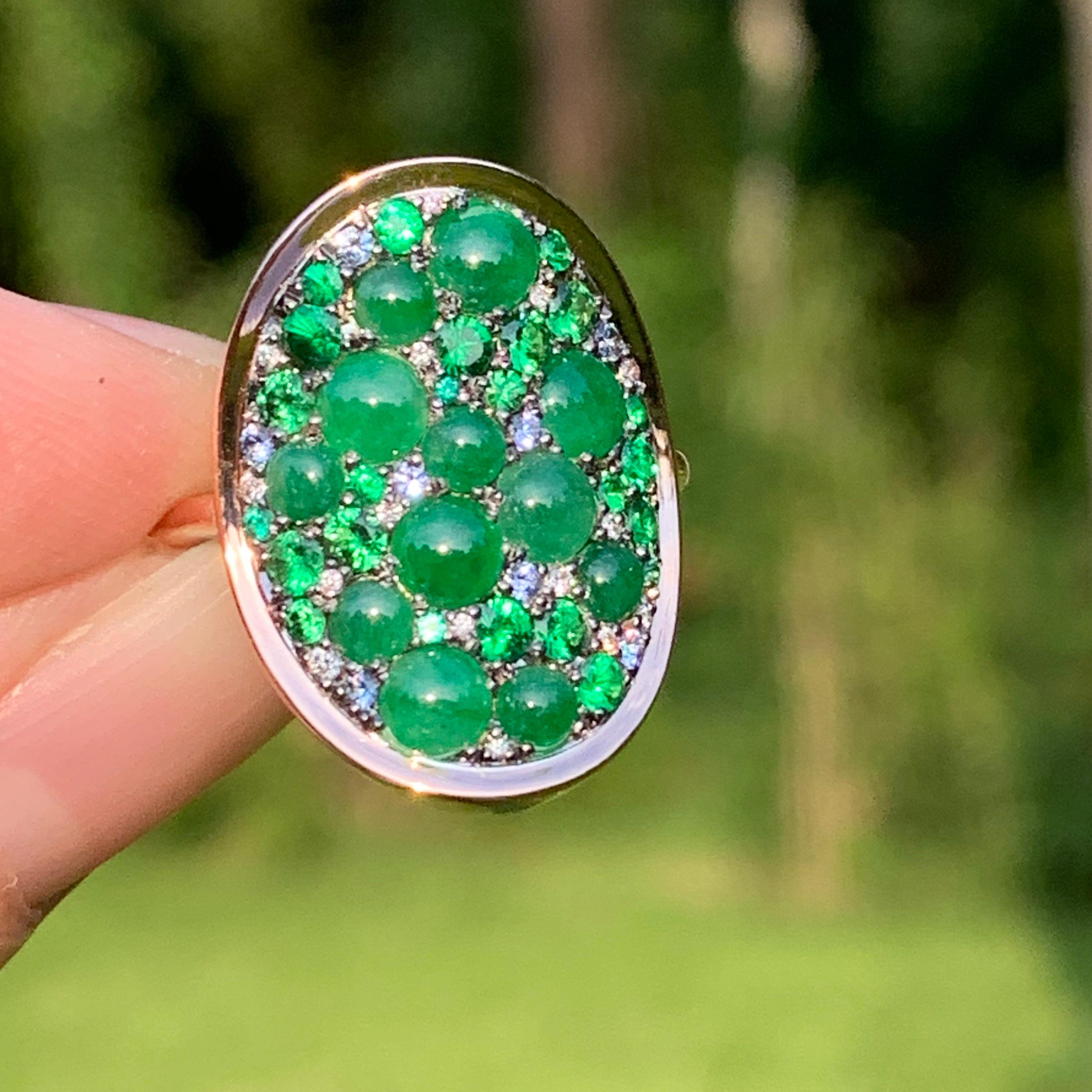 Burmese Jadeite, Tsavorite, No Heat Blue Sapphire, Emerald and Diamond Pave Ring 9