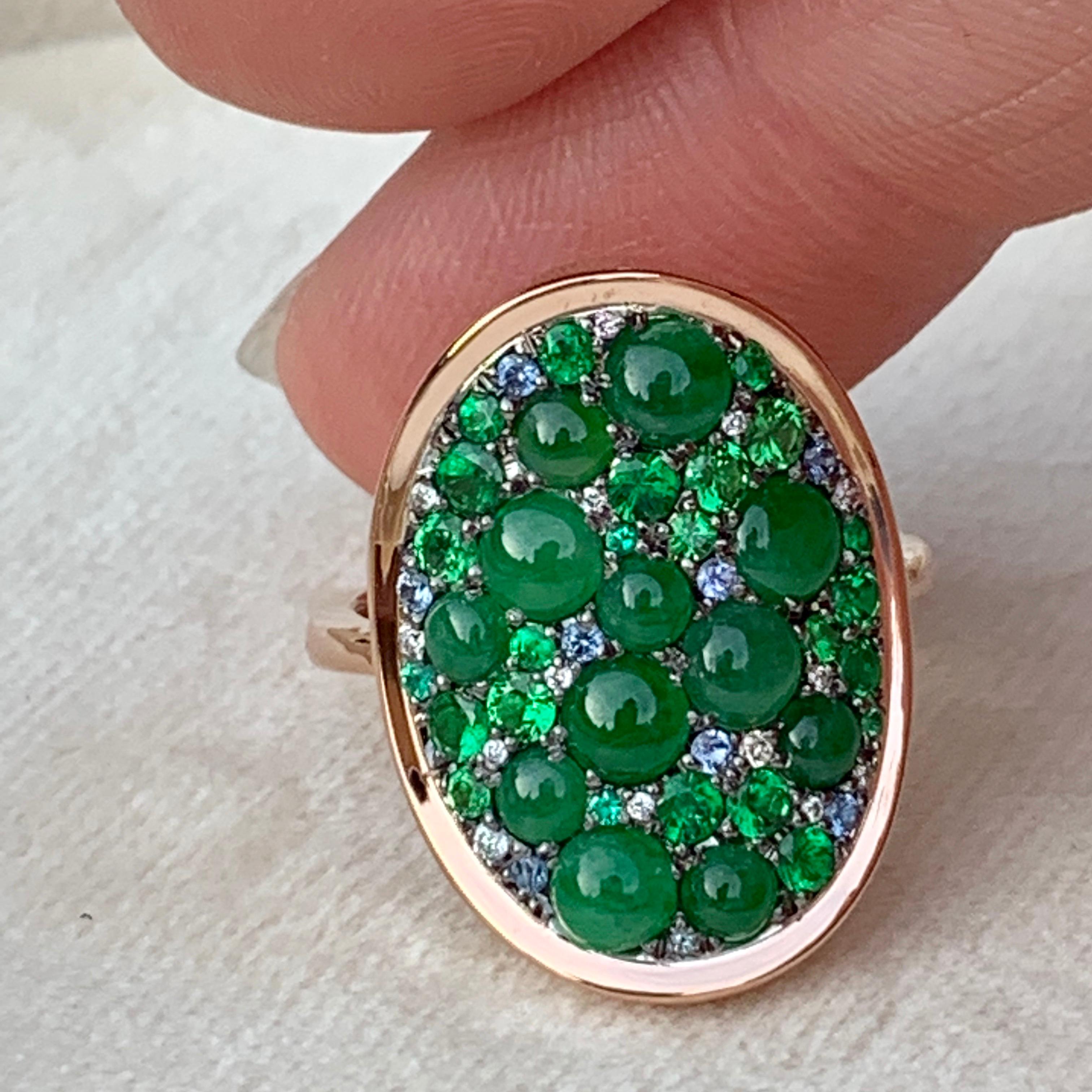 Burmese Jadeite, Tsavorite, No Heat Blue Sapphire, Emerald and Diamond Pave Ring 12