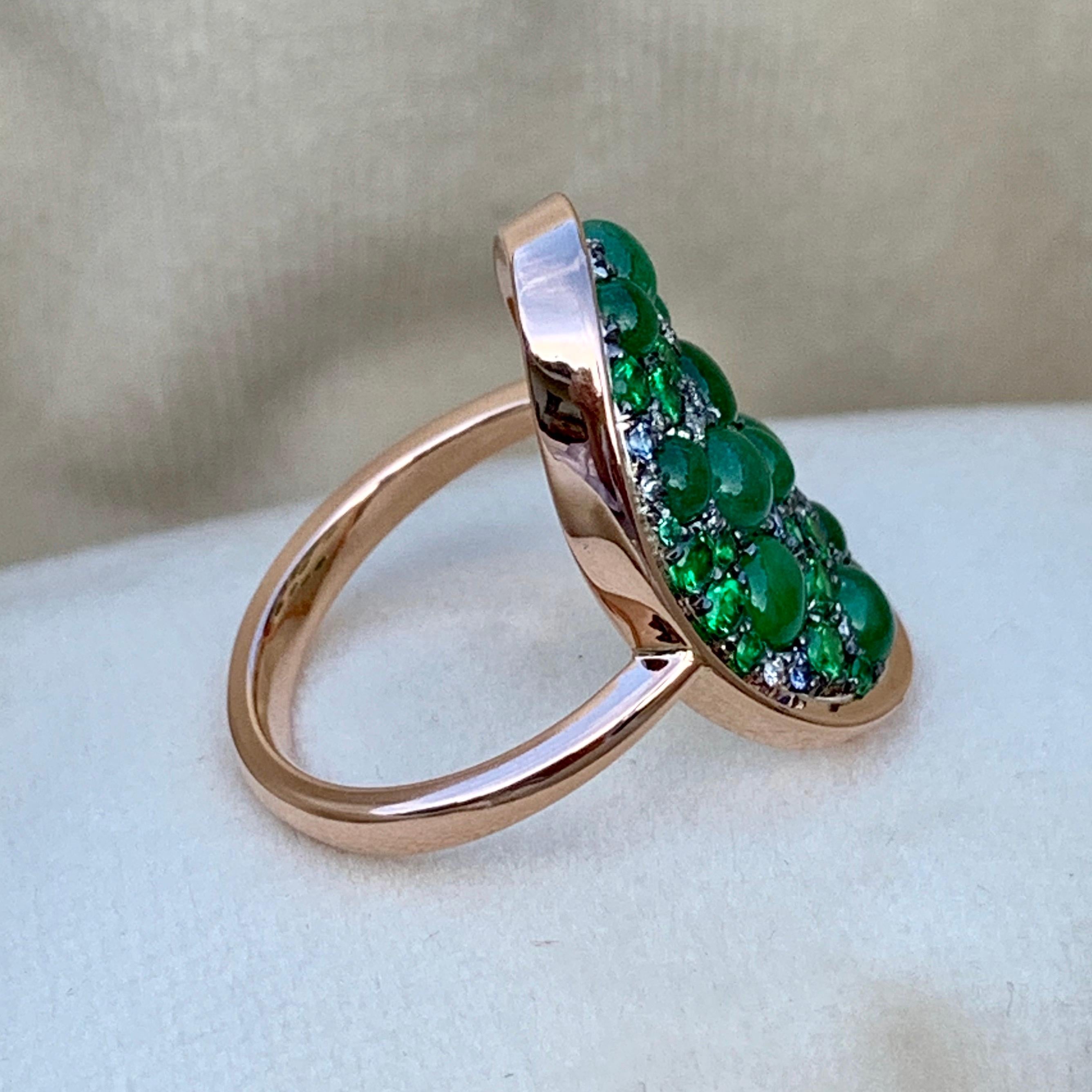 Contemporary Burmese Jadeite, Tsavorite, No Heat Blue Sapphire, Emerald and Diamond Pave Ring