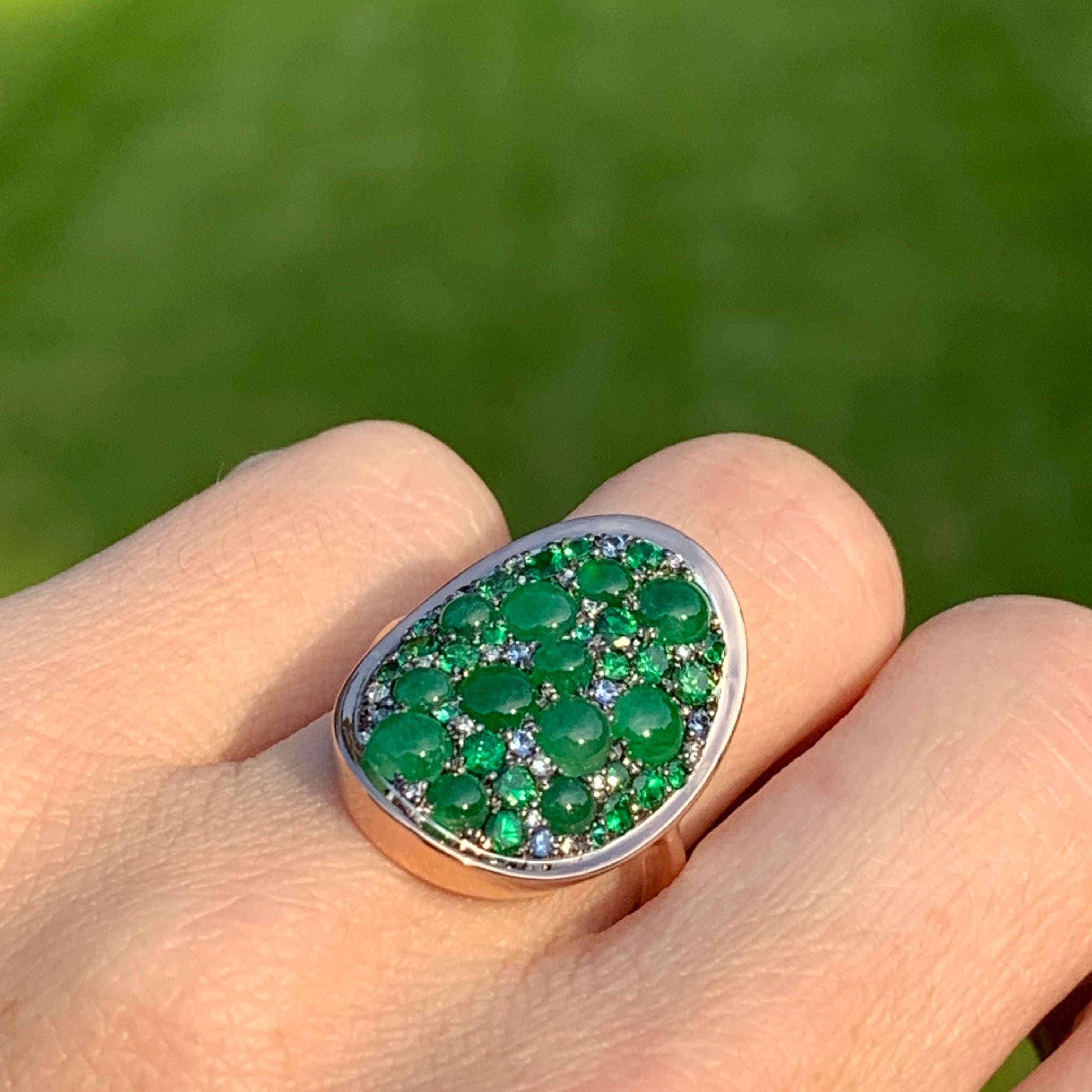Round Cut Burmese Jadeite, Tsavorite, No Heat Blue Sapphire, Emerald and Diamond Pave Ring
