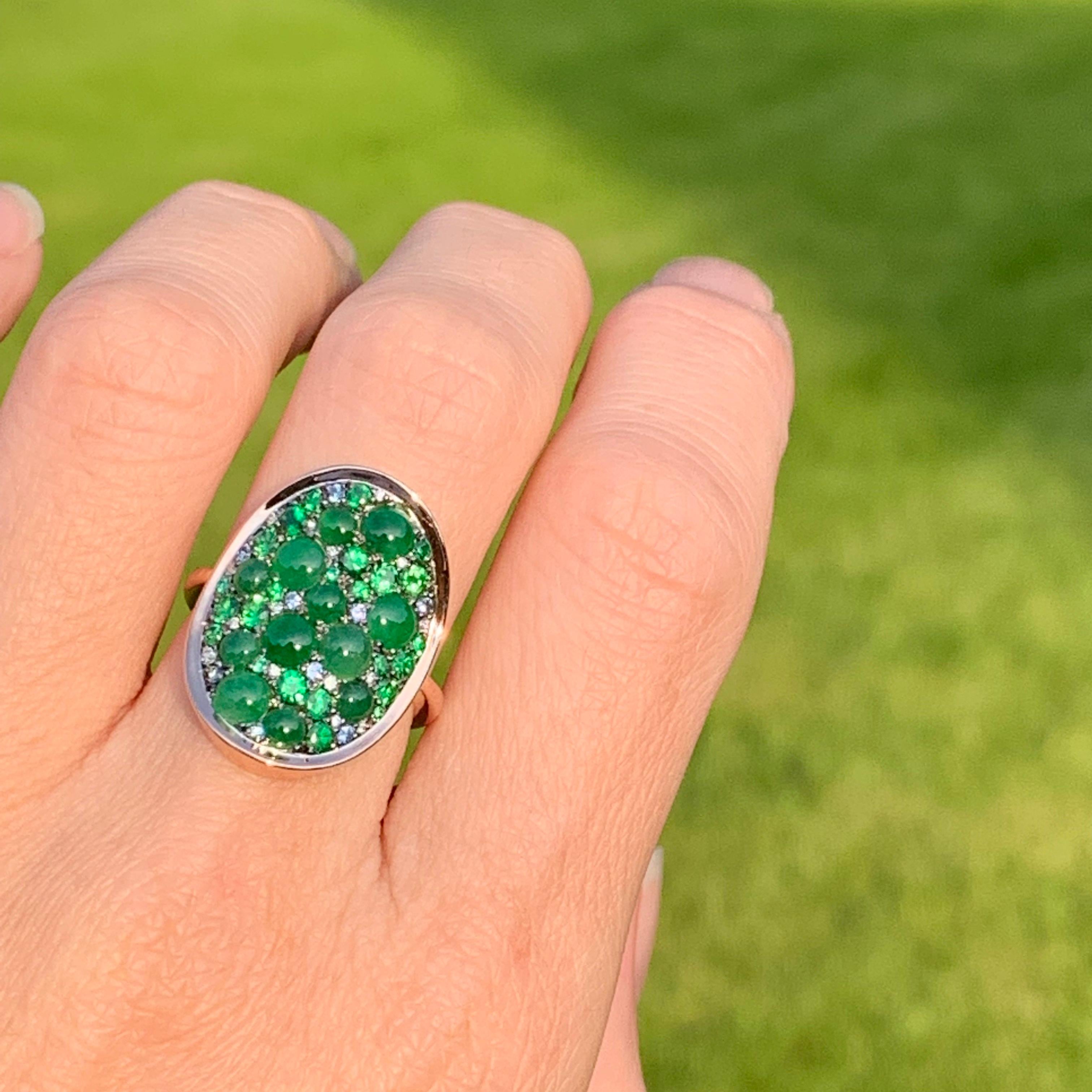 Burmese Jadeite, Tsavorite, No Heat Blue Sapphire, Emerald and Diamond Pave Ring 1