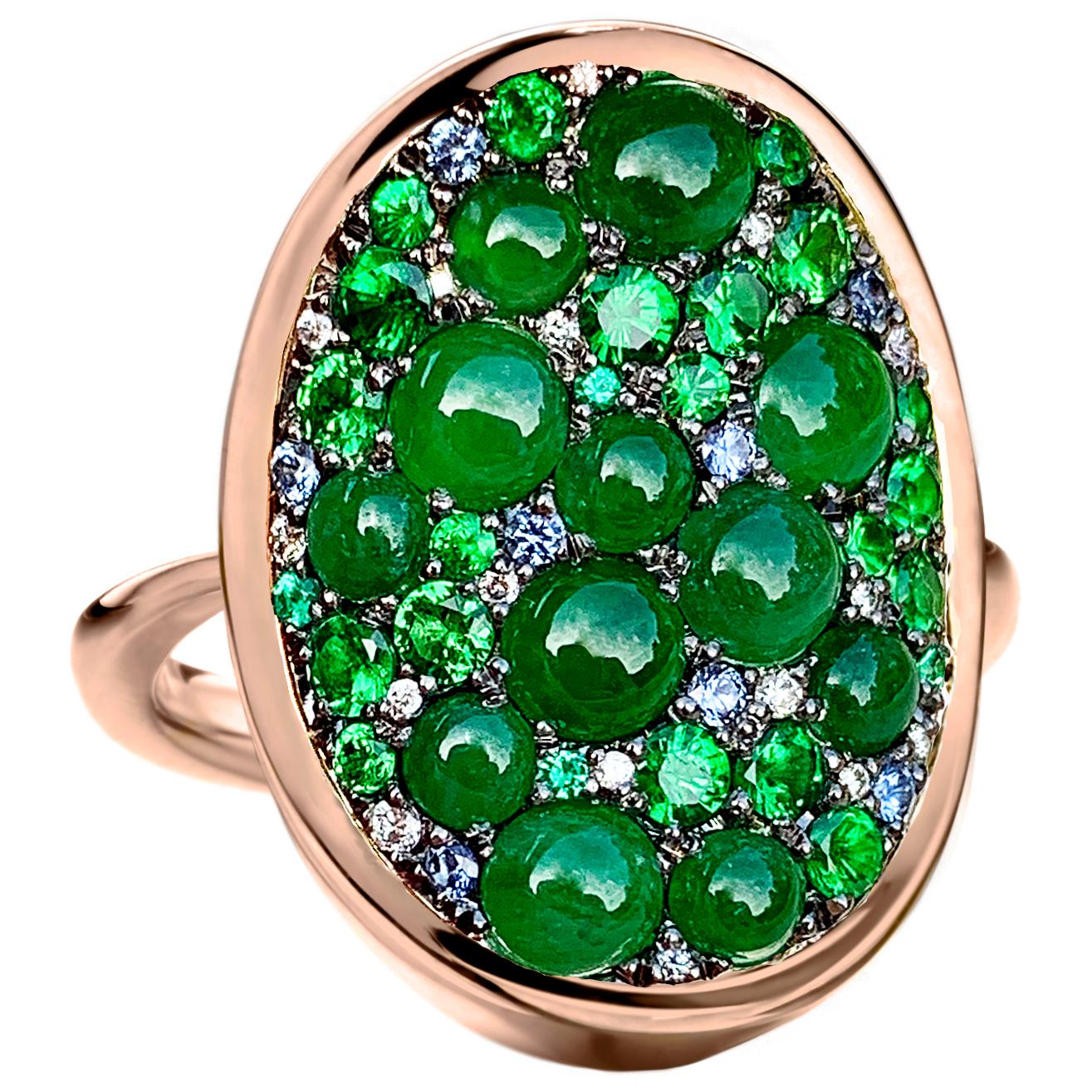 Burmese Jadeite, Tsavorite, No Heat Blue Sapphire, Emerald and Diamond Pave Ring