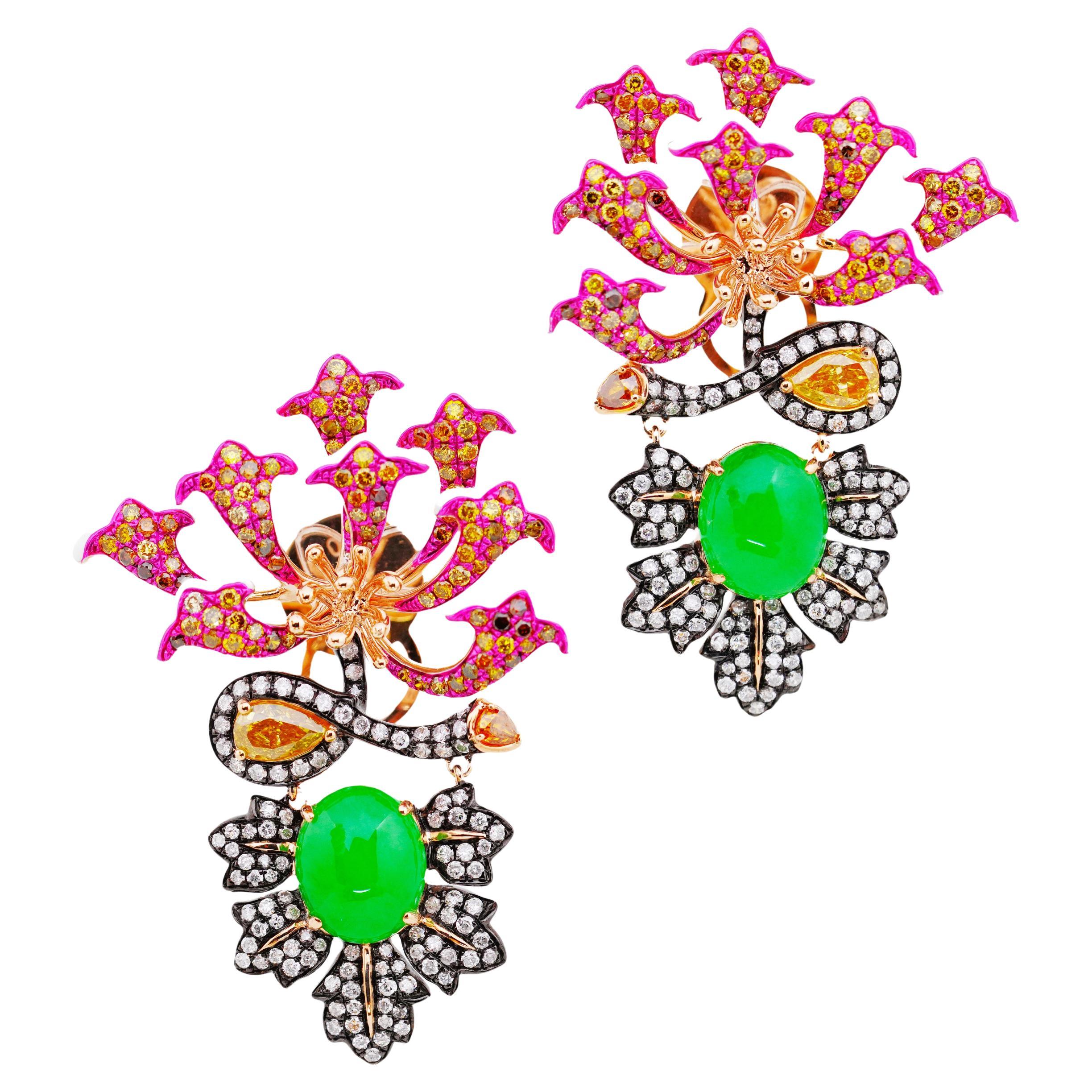 Burmese Jadeite Yellow Diamond and White Diamond Earrings 18K Gold Austy Lee