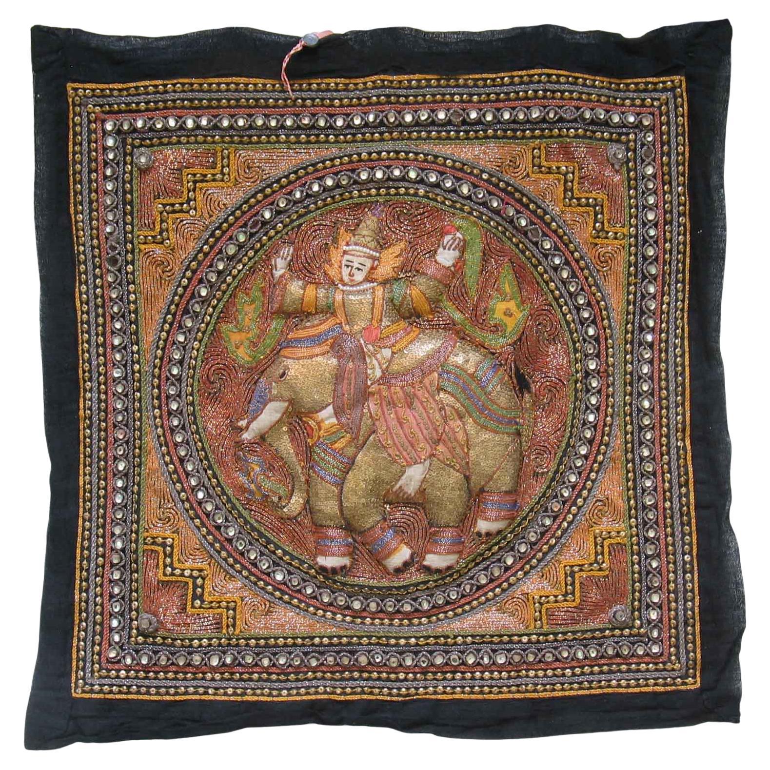 Burmese Kalaga Embroidered Tapestry Circa 1930’s For Sale