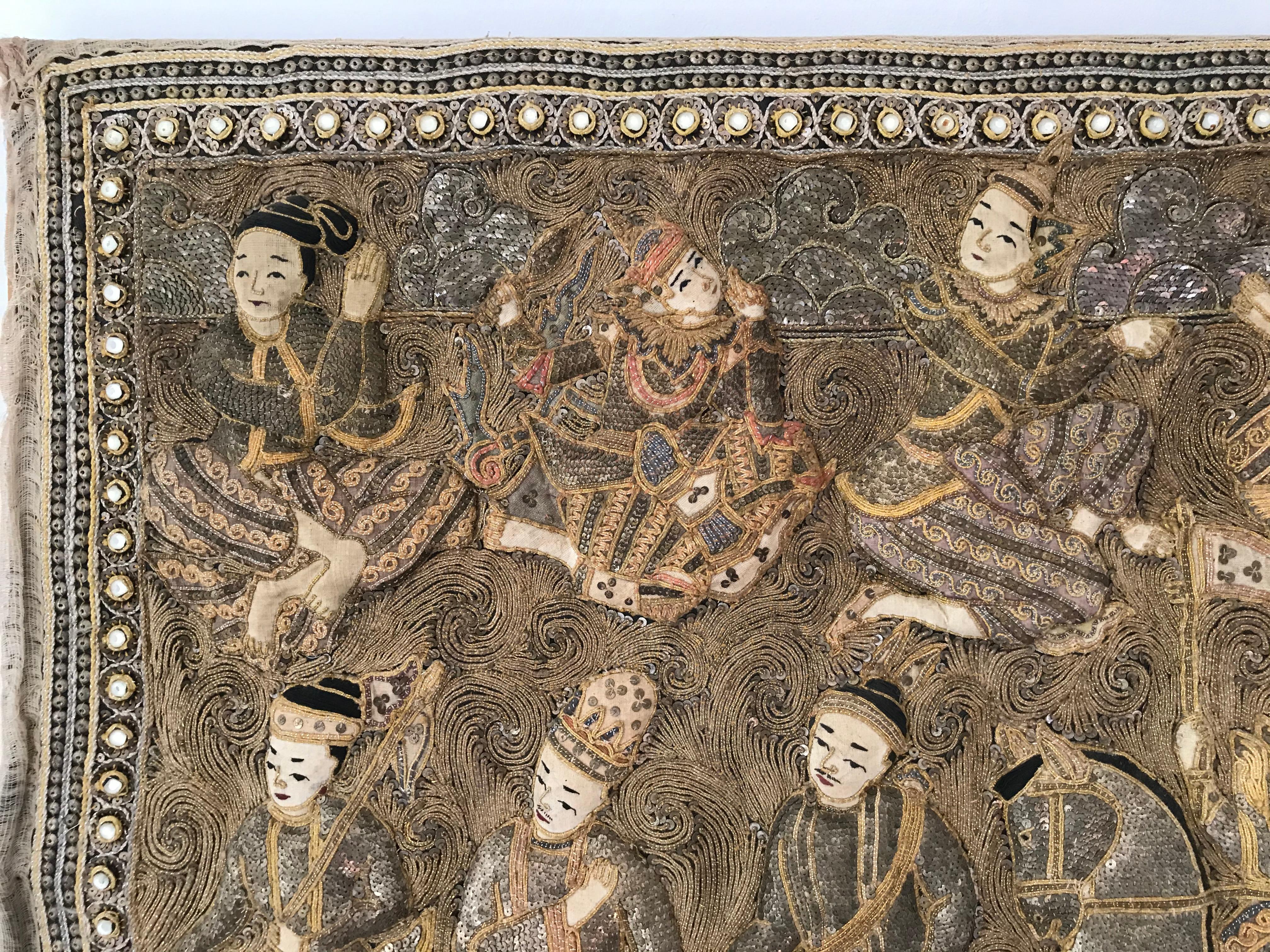 Late 19th Century Burmese Kalaga Tapestry Representing a Royal Procession, circa 1900