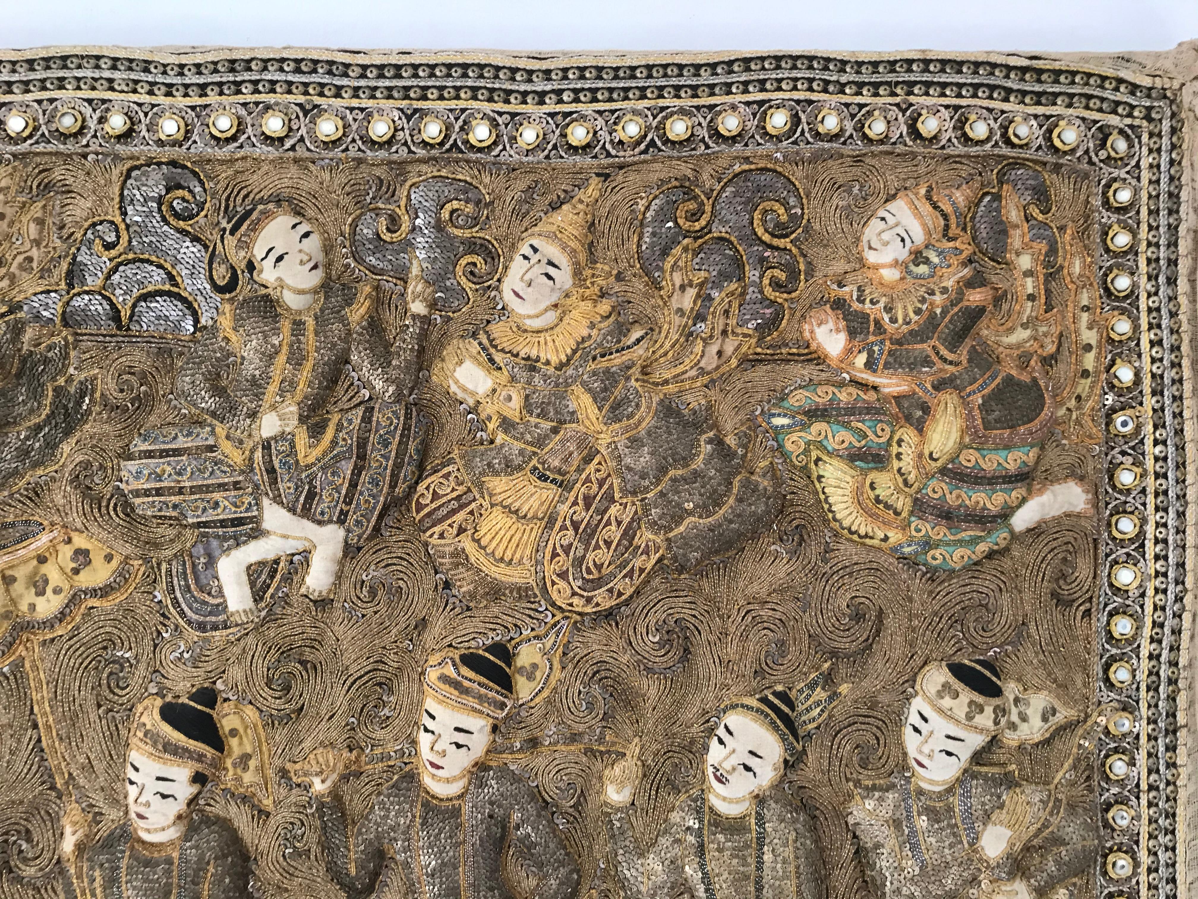 Brass Burmese Kalaga Tapestry Representing a Royal Procession, circa 1900