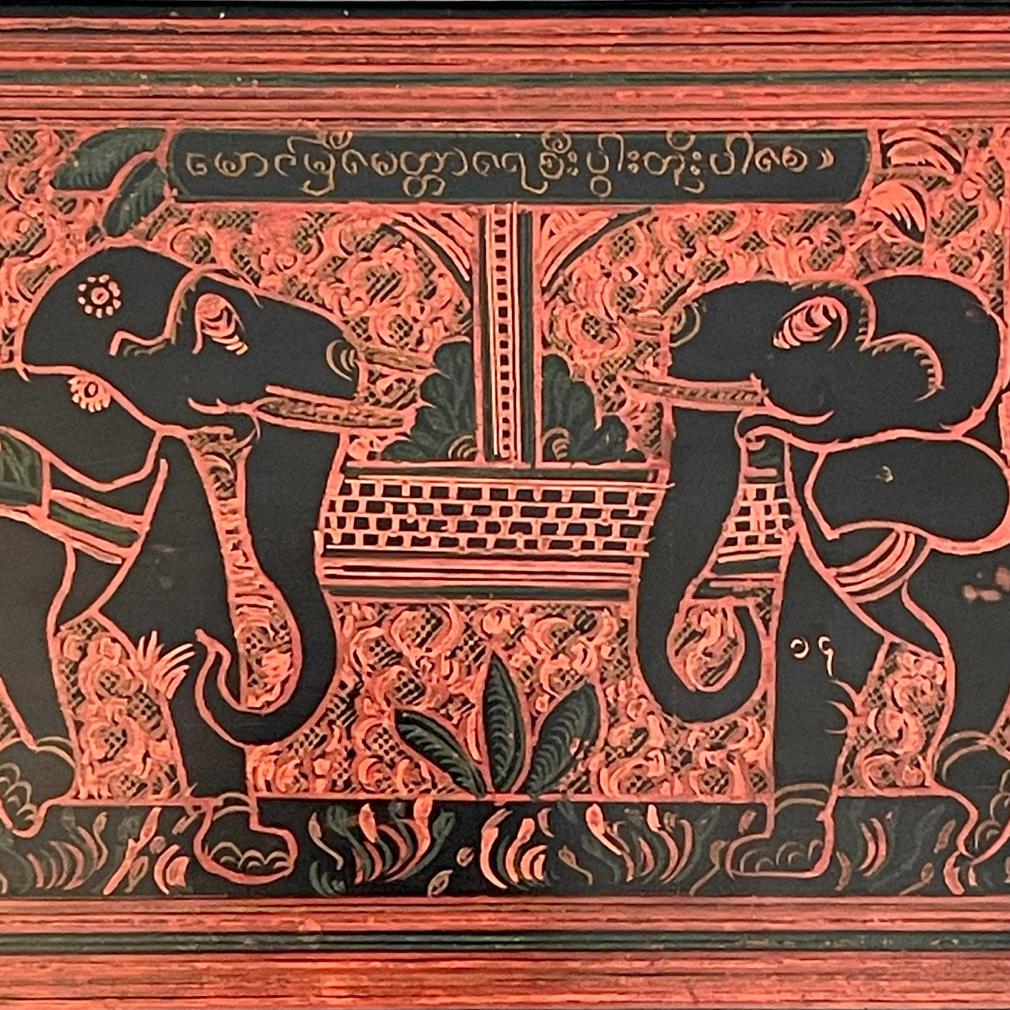 Burmese Lacquer Rectangular Box with Incised Decoration of Elephants and Figures For Sale 5