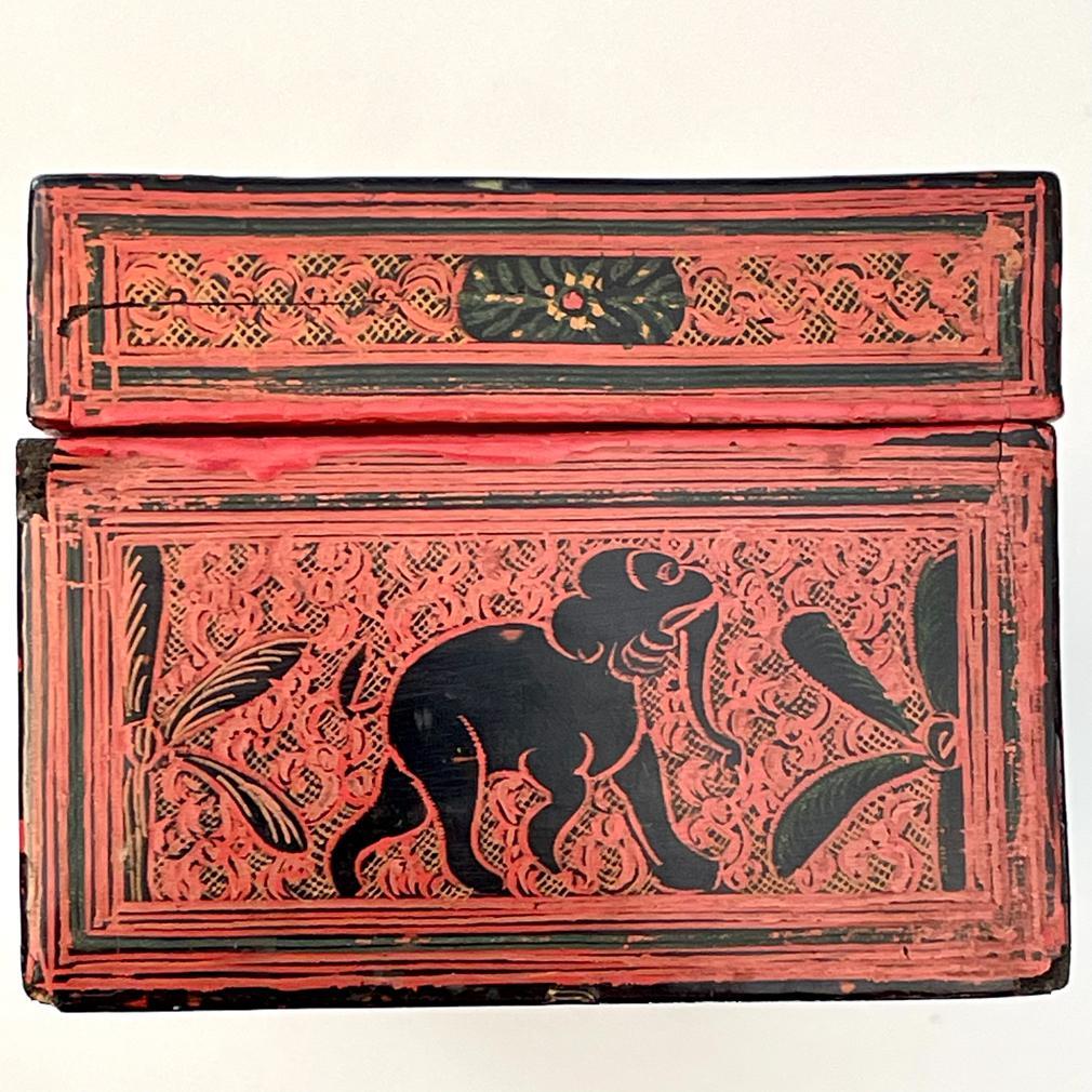 Burmese Lacquer Rectangular Box with Incised Decoration of Elephants and Figures For Sale 8