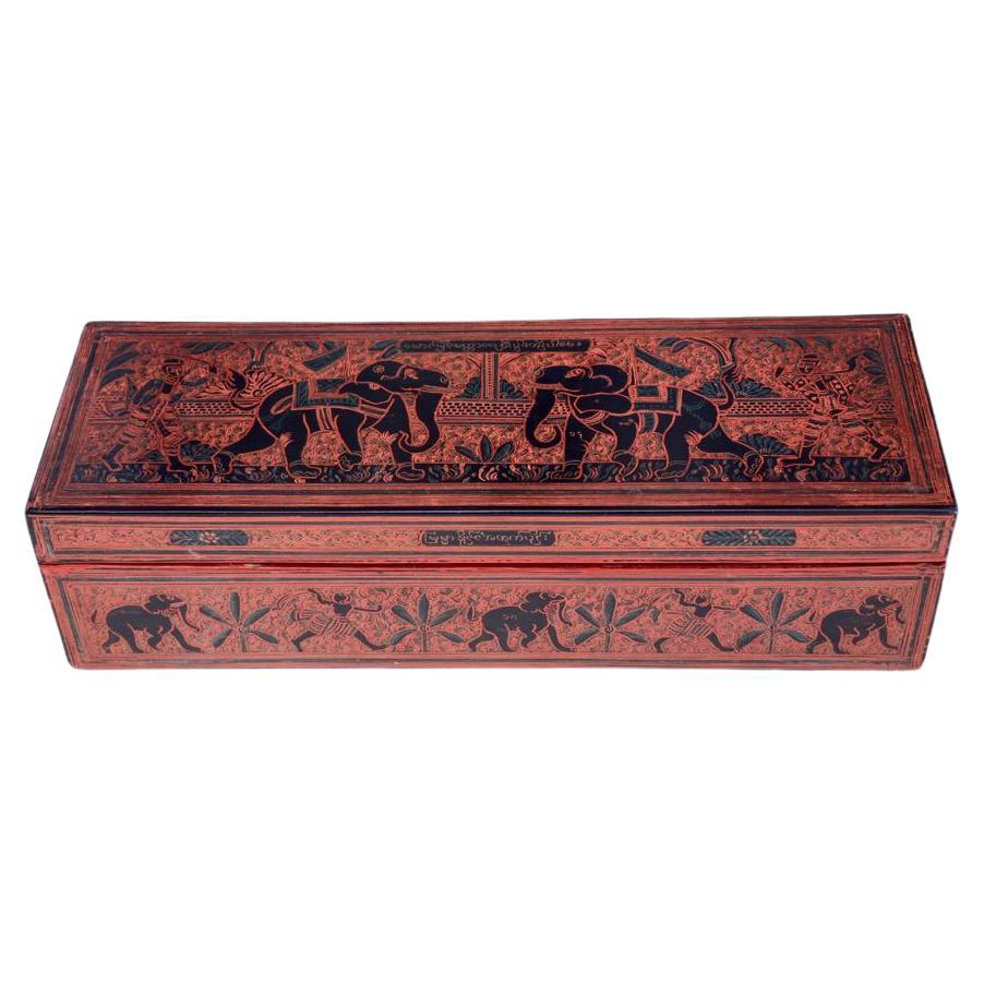 Burmese Lacquer Rectangular Box with Incised Decoration of Elephants and Figures For Sale