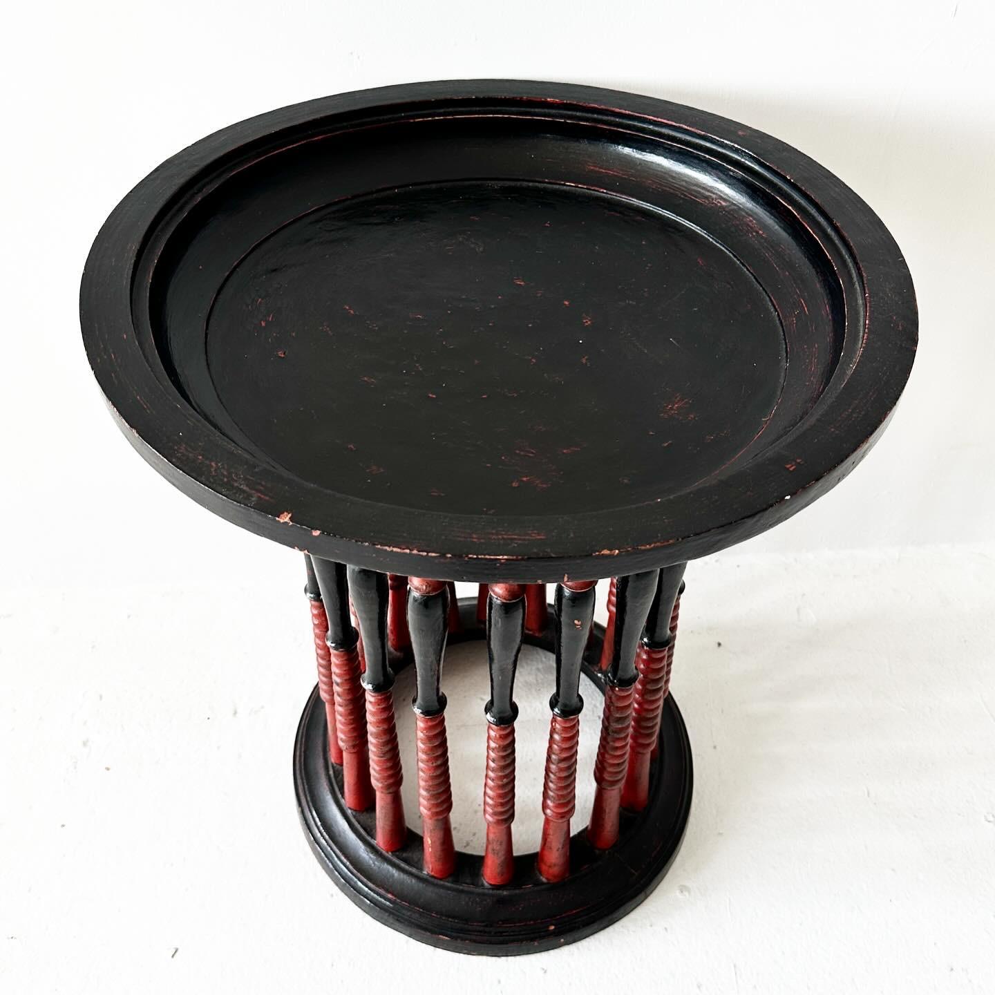 Lacquered Burmese Lacquerware Red and Black Turned Wood Round Side Table For Sale