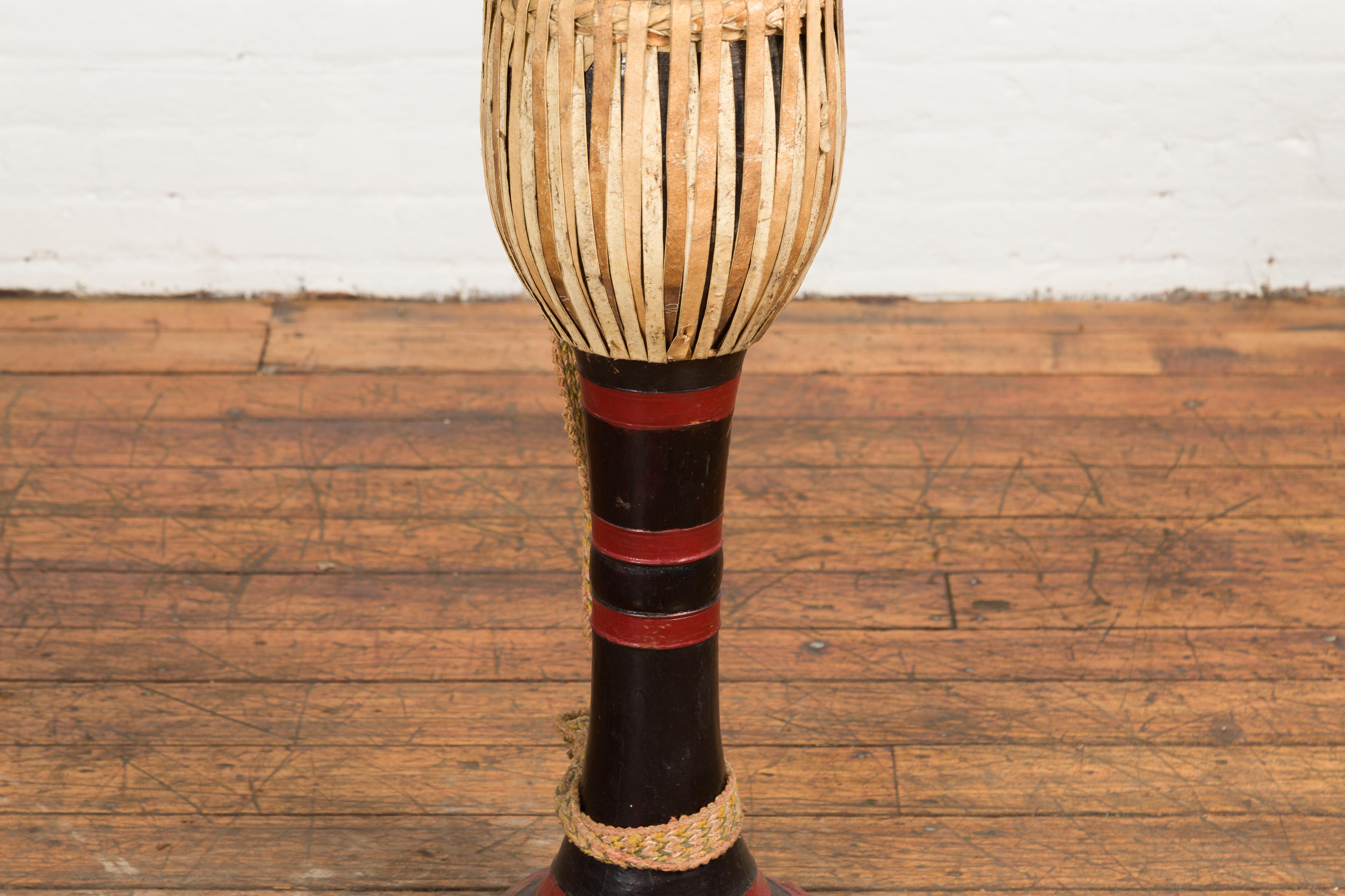 Burmese Late 19th Century Teak Ozi Goblet Shaped Drum with Black and Red Lacquer For Sale 5