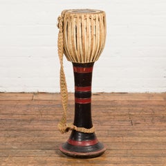 Late 19th Century Teak Ozi Goblet Shaped Drum with Black and Red Lacquer