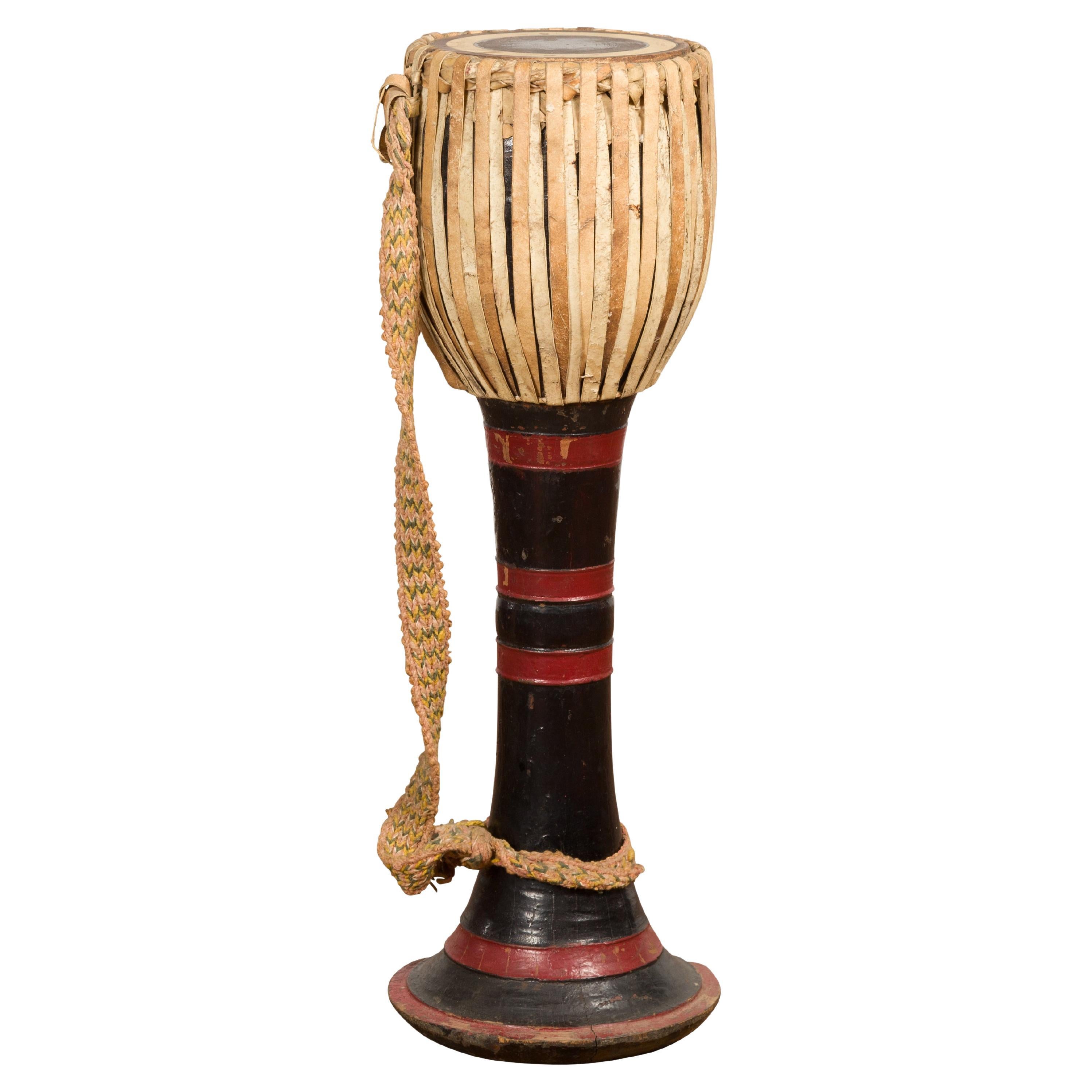 Burmese Late 19th Century Teak Ozi Goblet Shaped Drum with Black and Red Lacquer For Sale