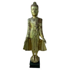 Burmese Life Size Standing Buddha Wood Sculpture
