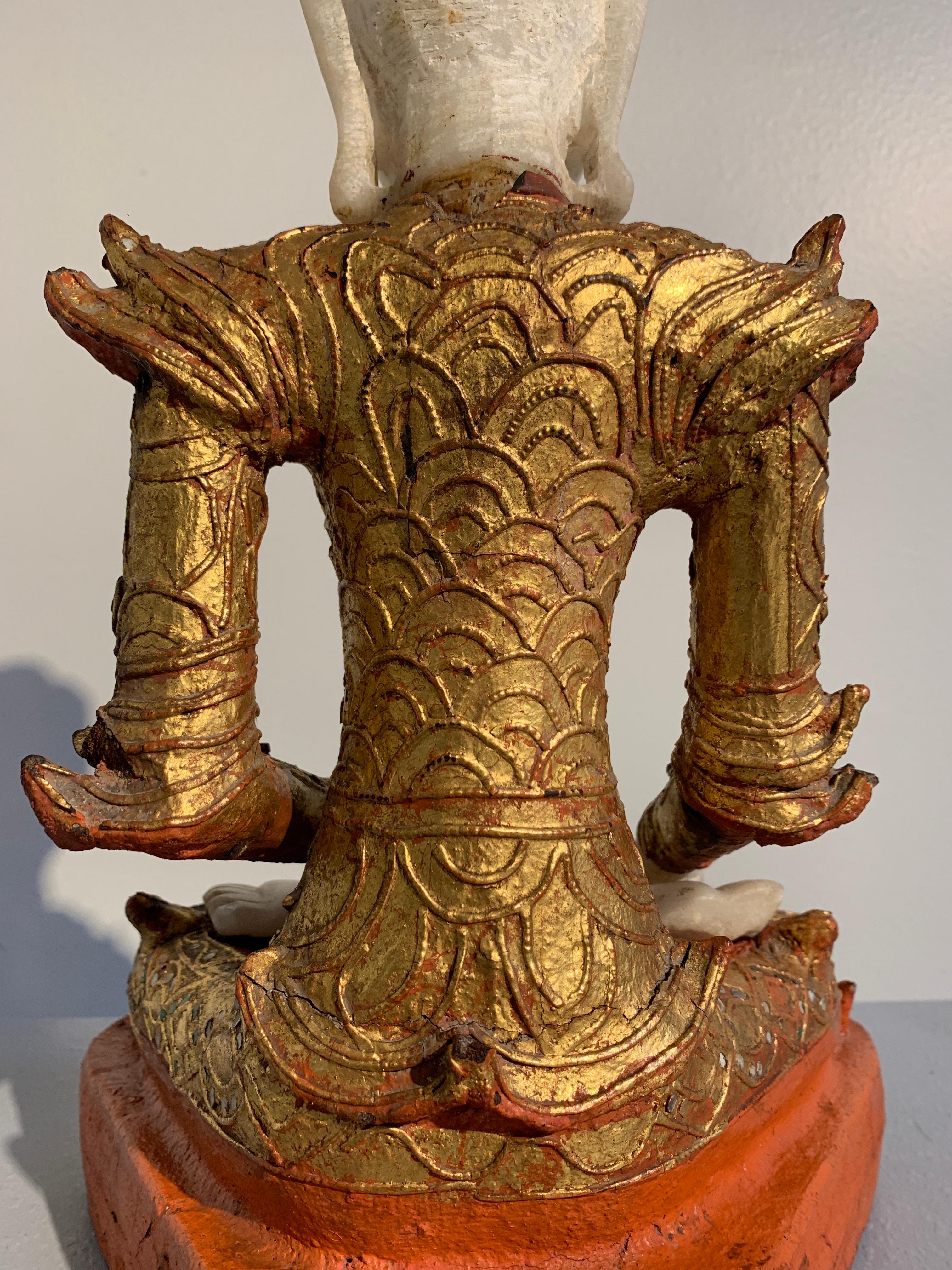 Burmese Mandalay Buddha in Royal Attire, Alabaster, Gilt Lacquer and Teak 7