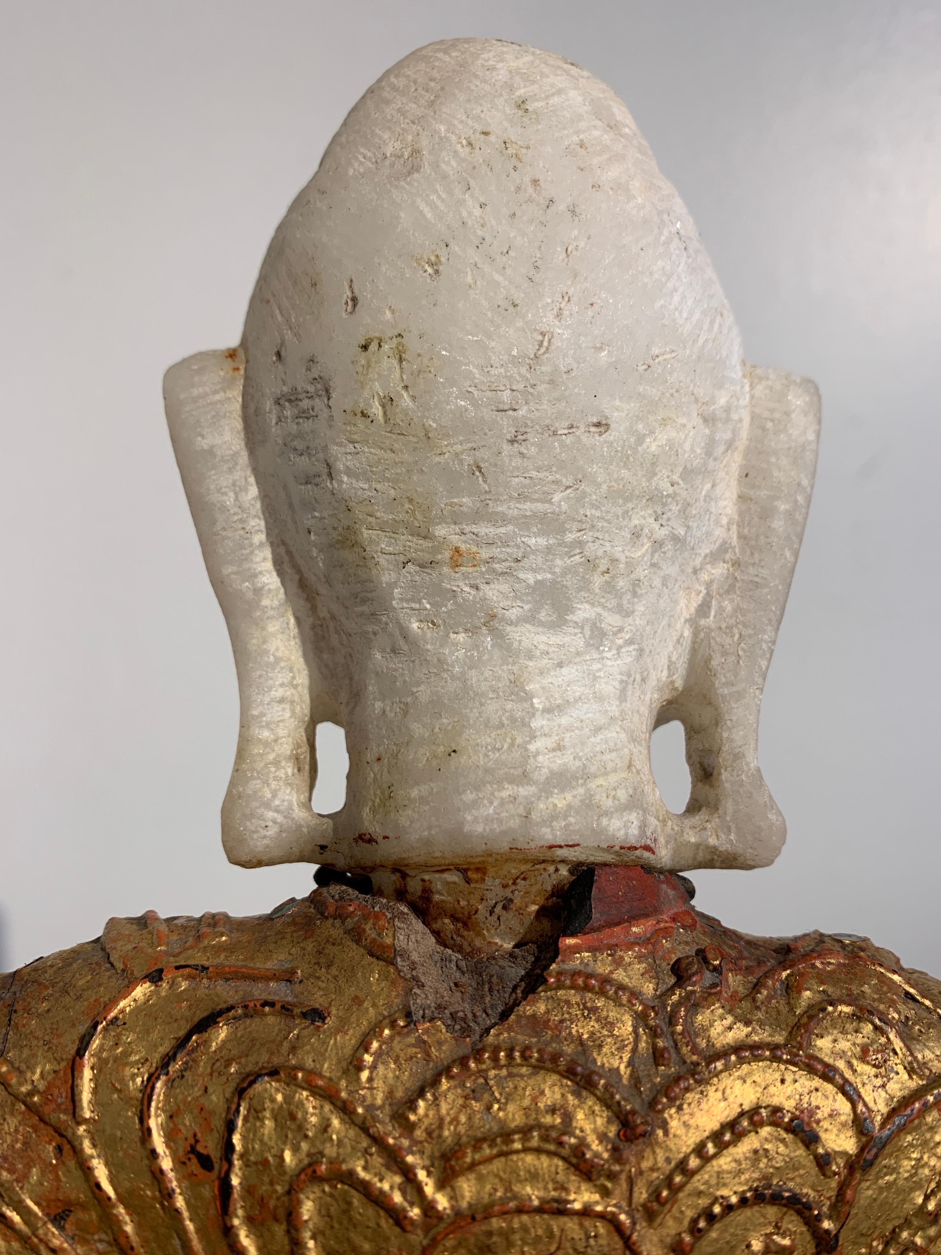 Burmese Mandalay Buddha in Royal Attire, Alabaster, Gilt Lacquer and Teak 8