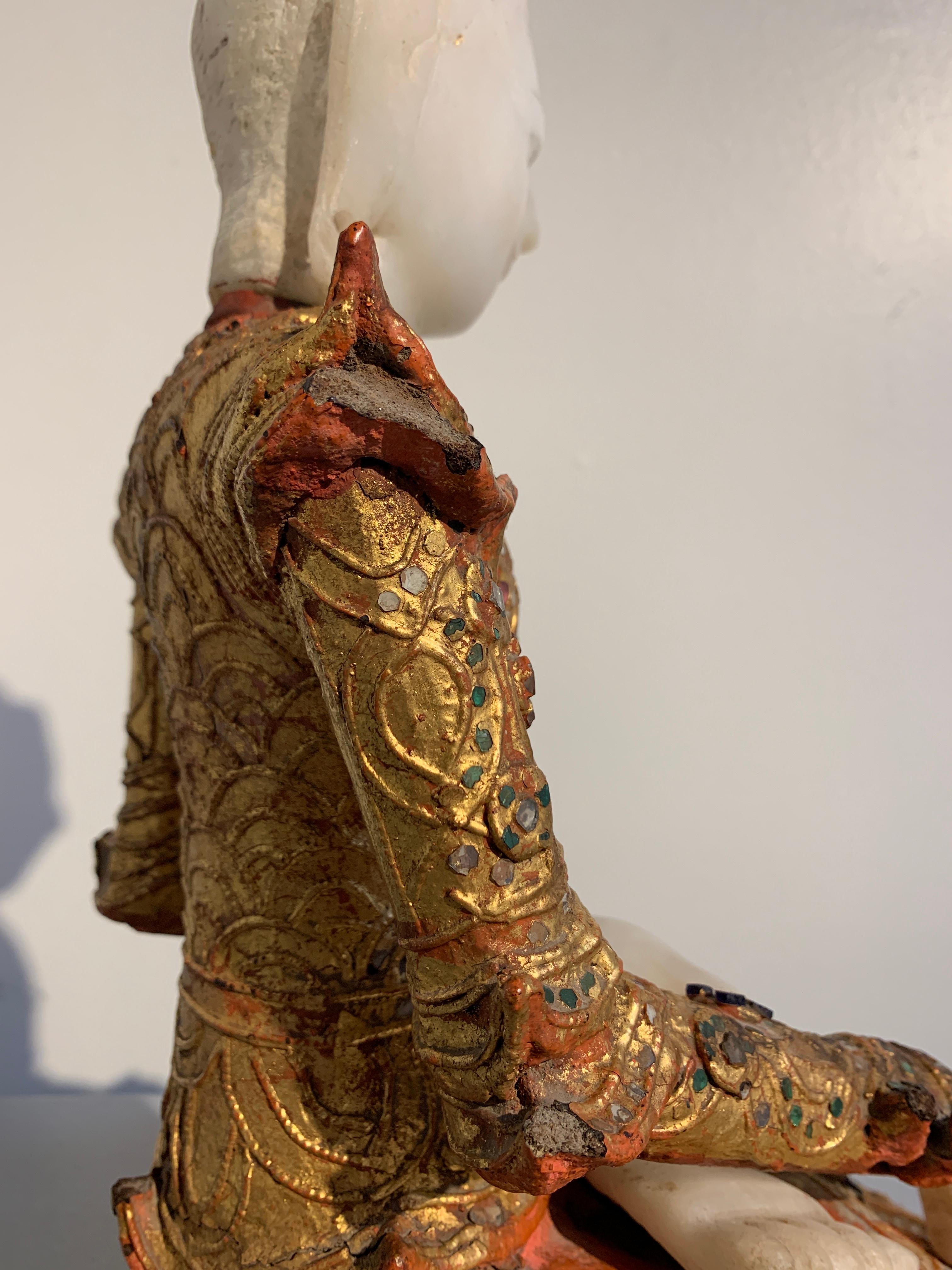 Burmese Mandalay Buddha in Royal Attire, Alabaster, Gilt Lacquer and Teak 9